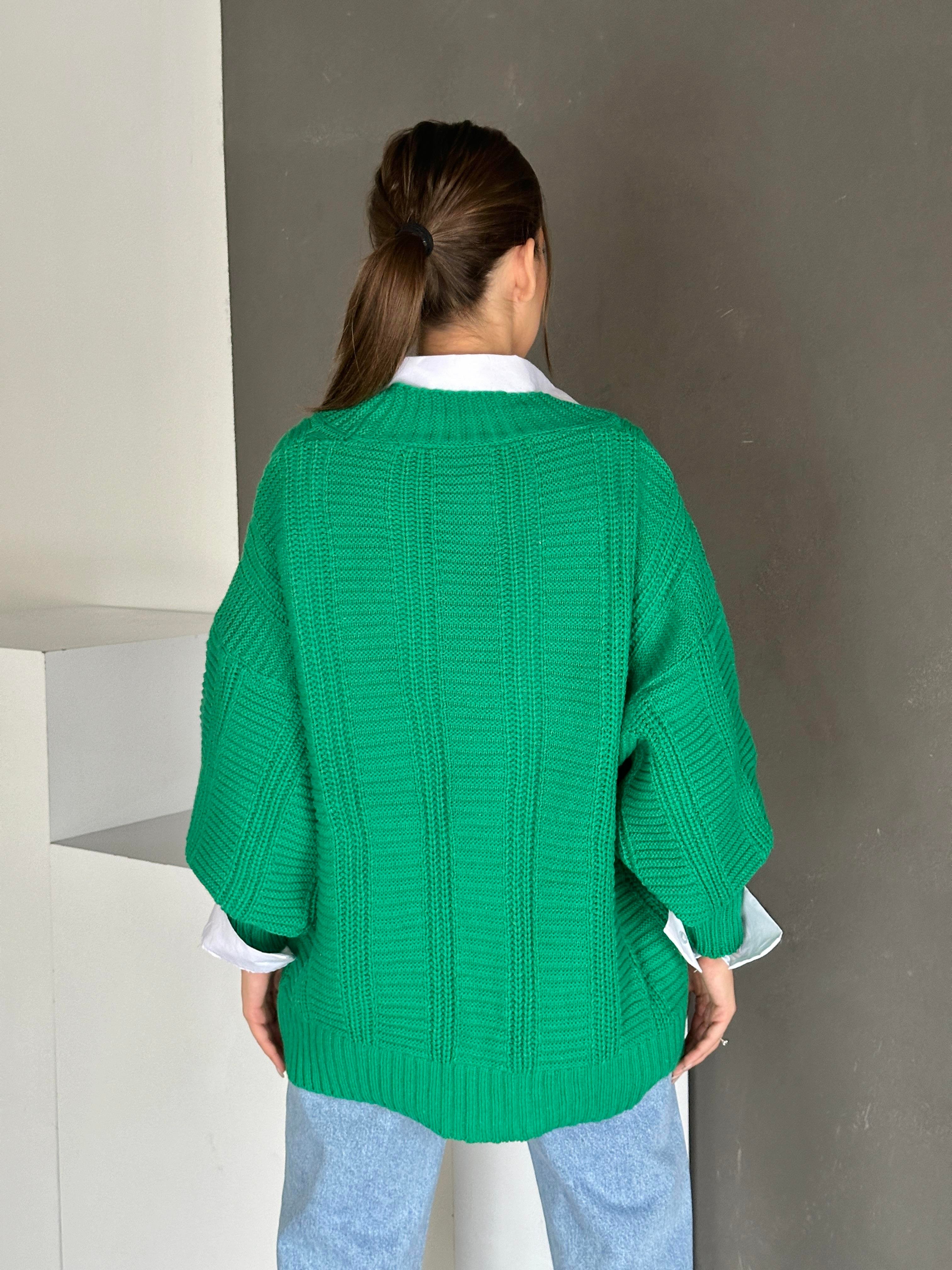 Düğmeli Oversize Örgü Hırka Koyu Yeşil