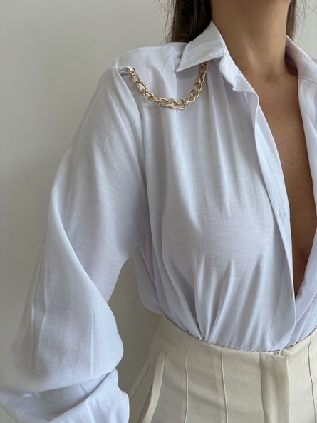 Zincir Apolet Oversize Poplin Gömlek Beyaz