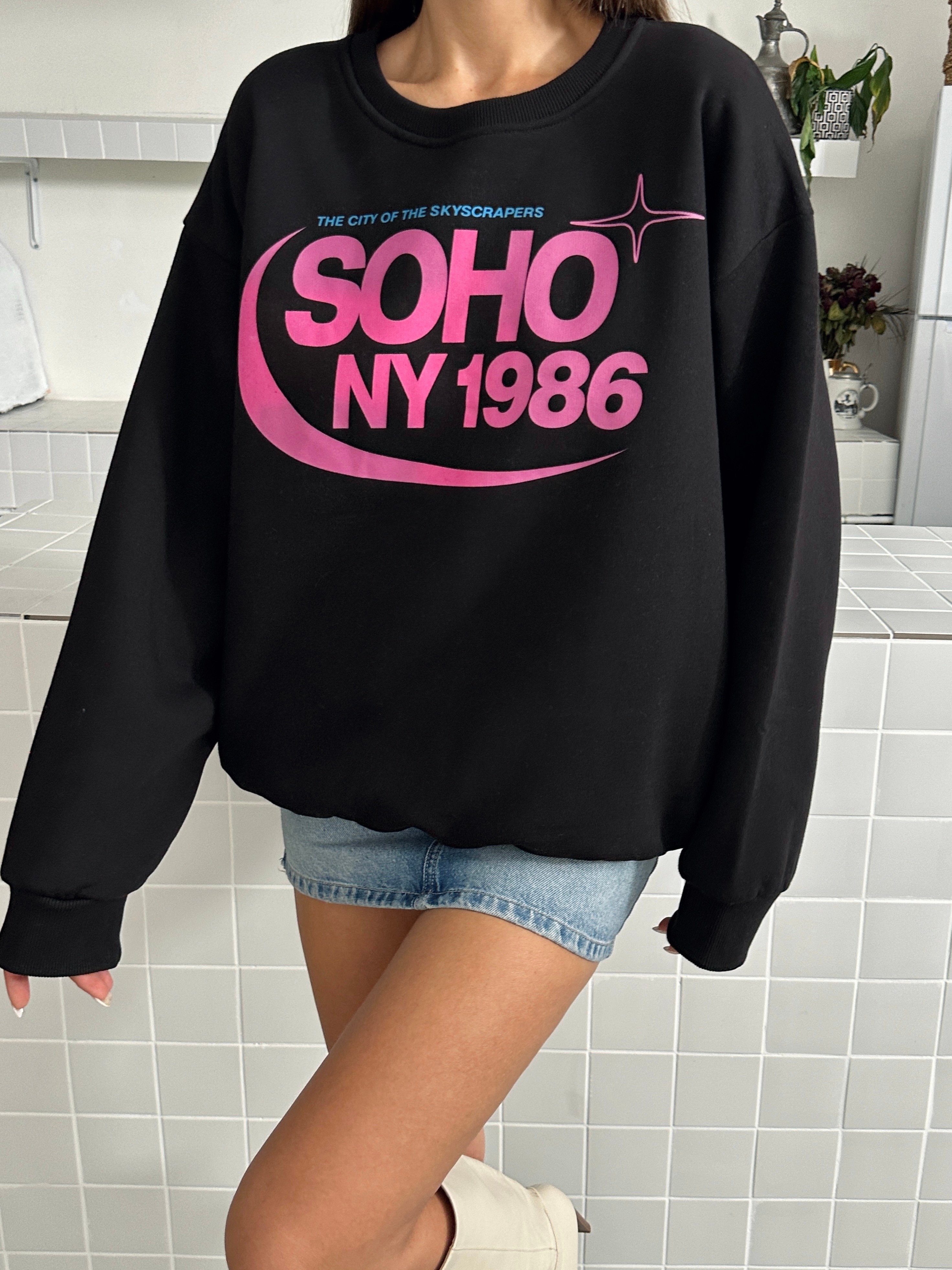 Soho Baskı Bisiklet Yaka Sweat Siyah