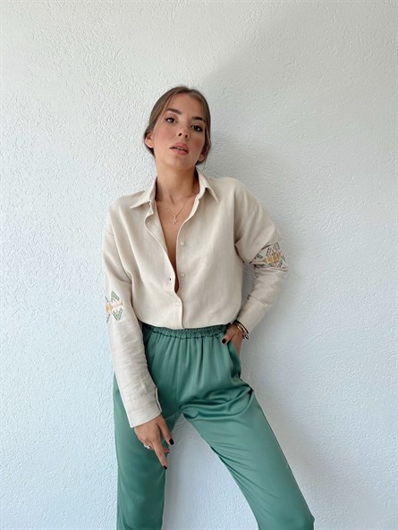 Kol Nakış İşleme Oversize Keten Gömlek Ekru