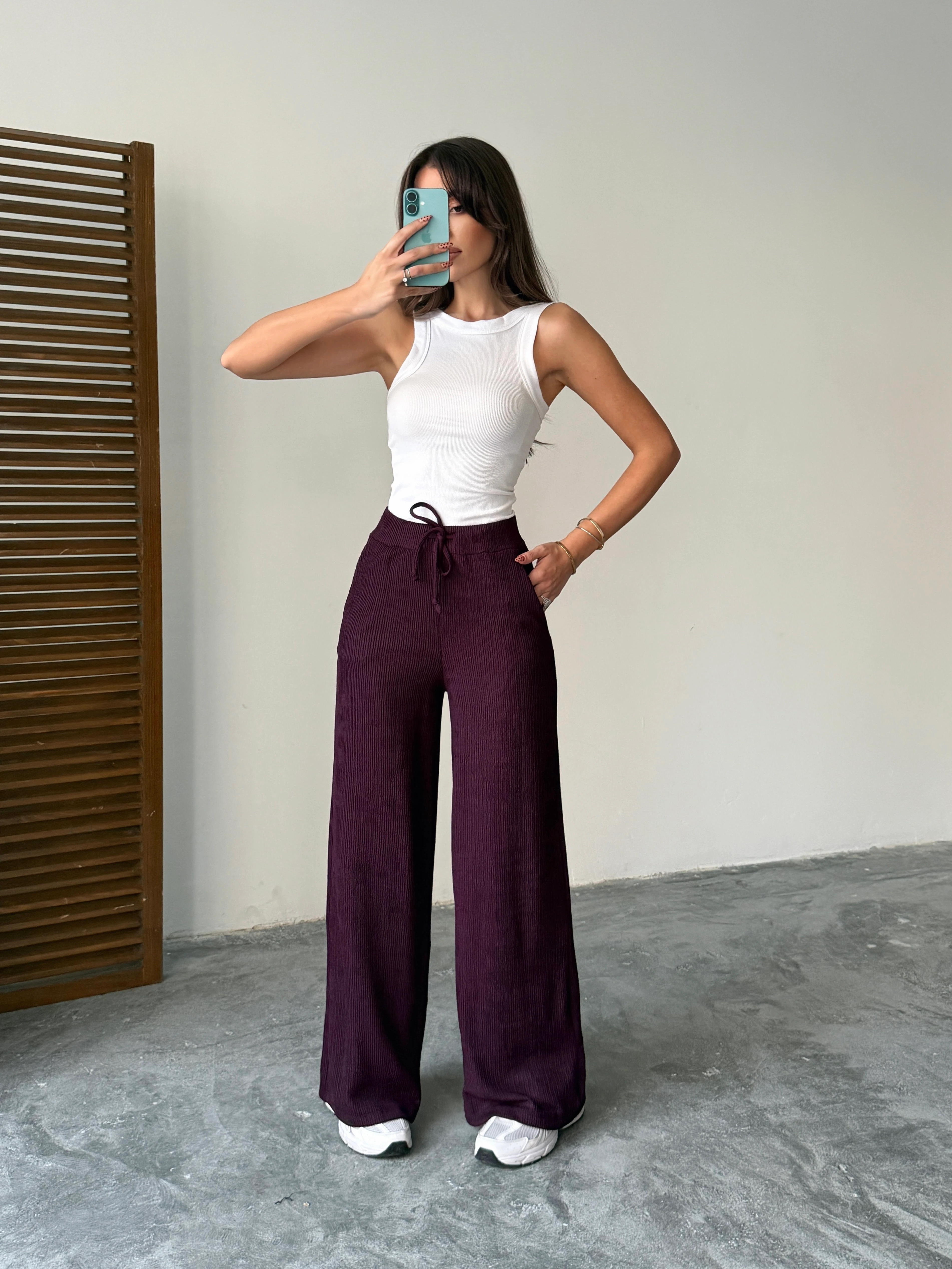 Bel Bağcık Fitilli Pantolon - Mürdüm