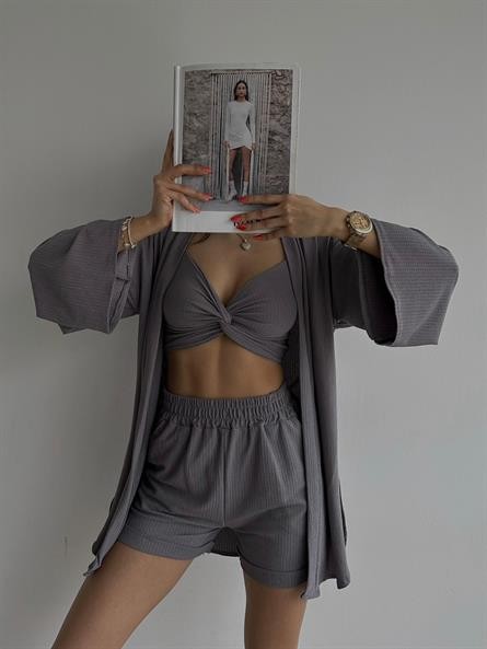 Üçlü Sun Kimono Takım Gri