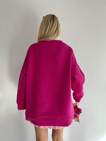 Wellness İşleme Nakışlı Oversize 3 İplik Şardonlu Sweatshirt Fuşya