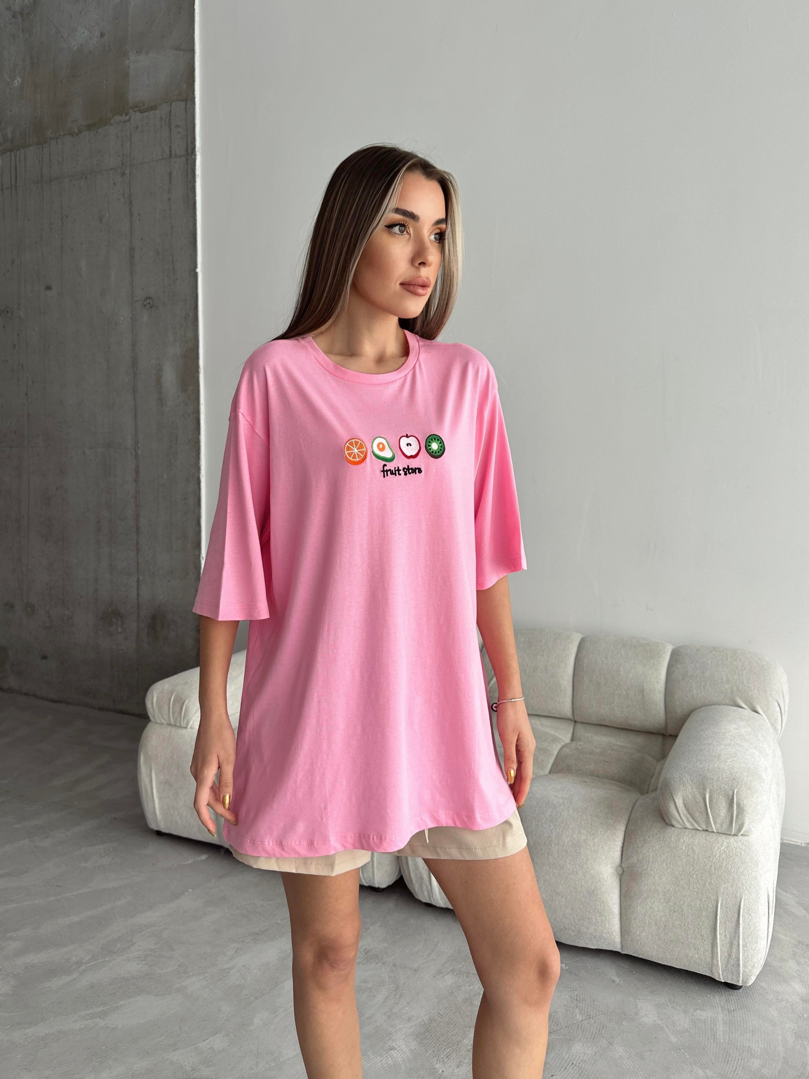 Fruit Nakış Basic T-shirt Pembe