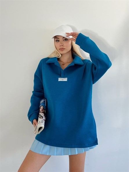 Polo Yaka Etiket Detay Sweatshirt Mavi