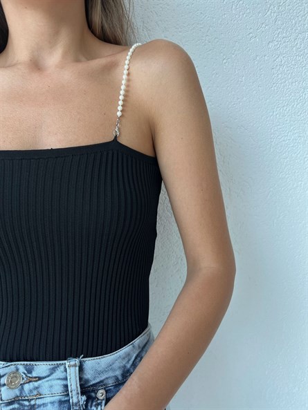 İnci Askı Triko Crop Siyah