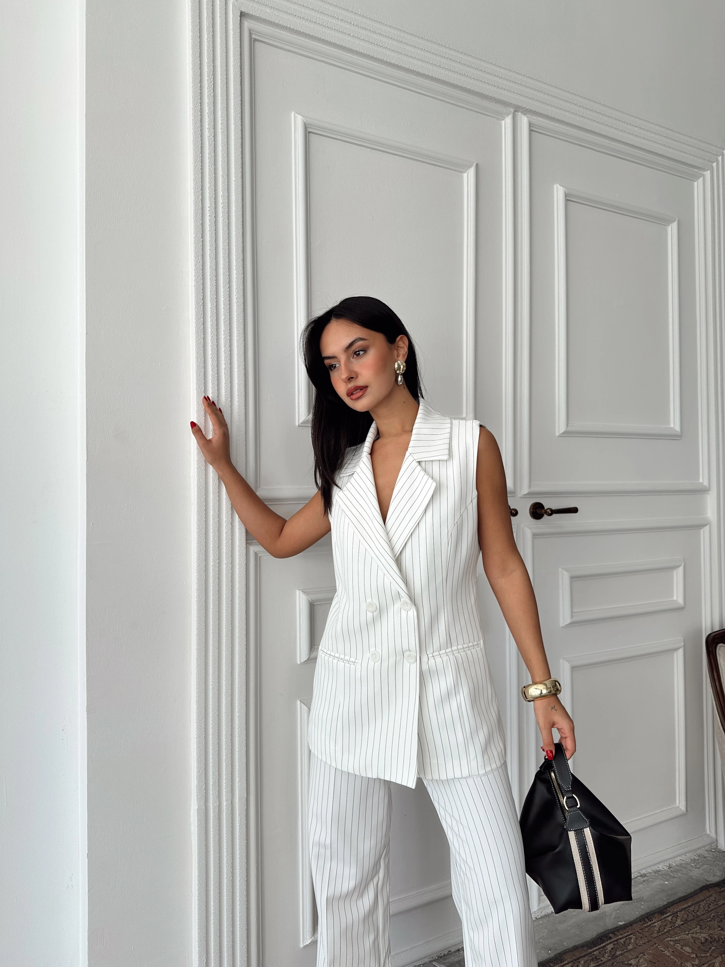 Ceket Yaka Line Yelek - Ekru