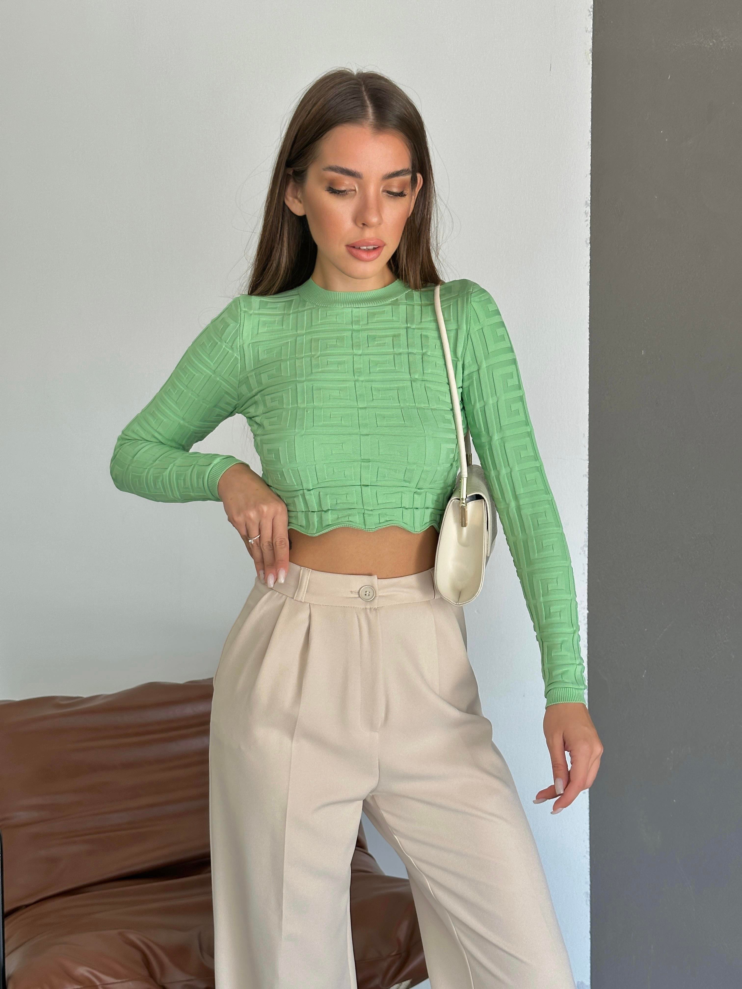 Labirent Desen Crop Triko Kazak Mint