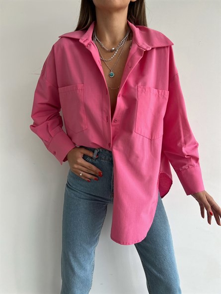 Sırt Yırtmaç Detay Oversize Poplin Gömlek Pembe