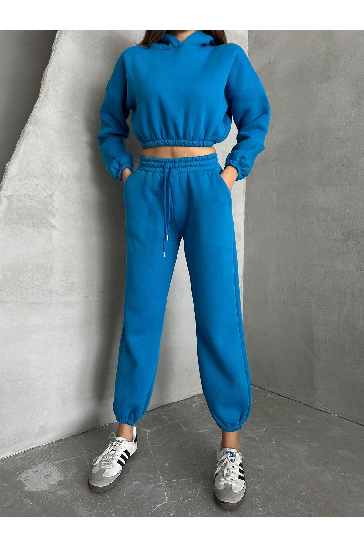 Kapüşonlu Crop Sweat Jogger Eşofman Takım Saks Mavi