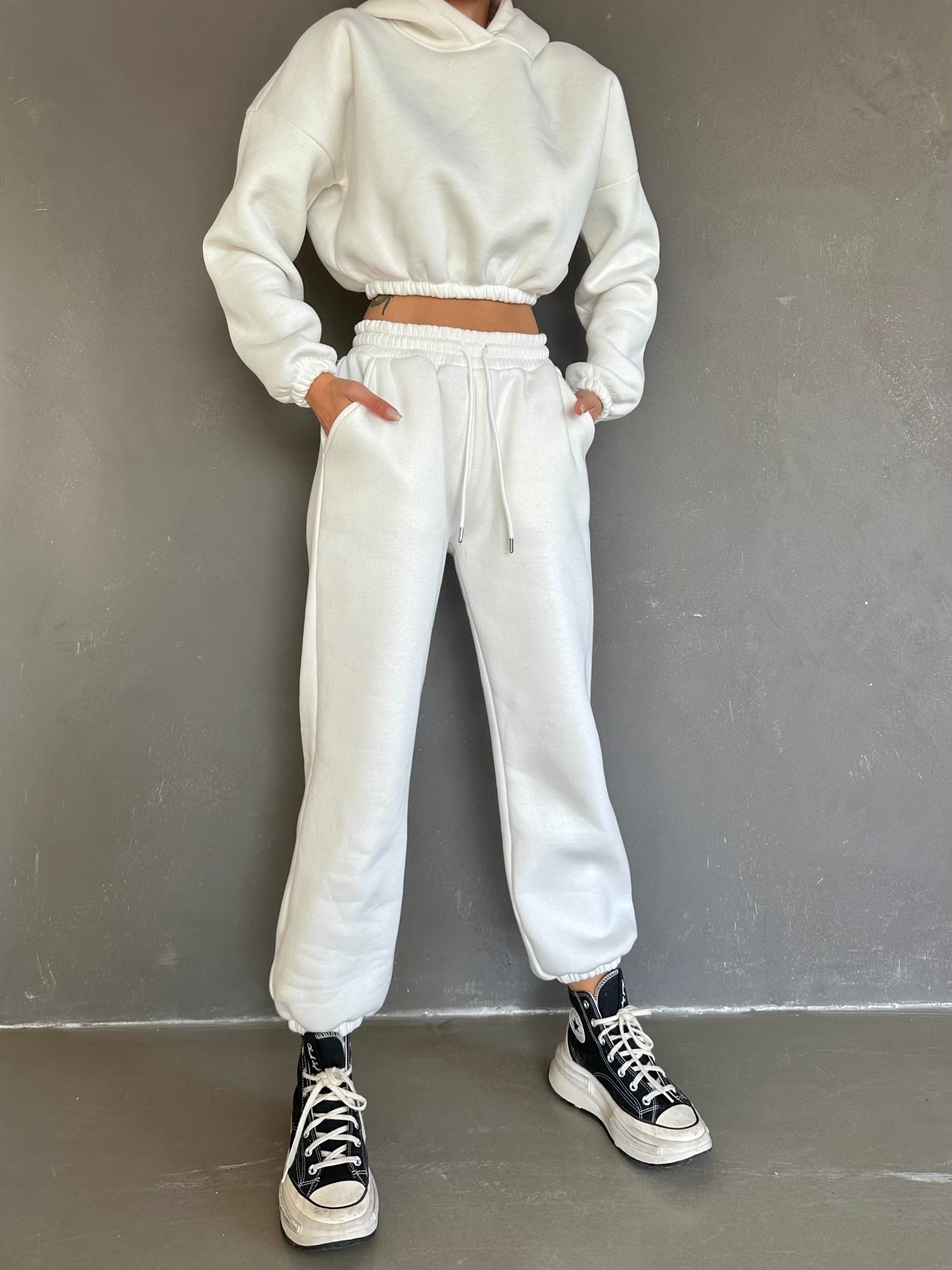 Kapüşonlu Crop Sweat Jogger Eşofman Takım Beyaz