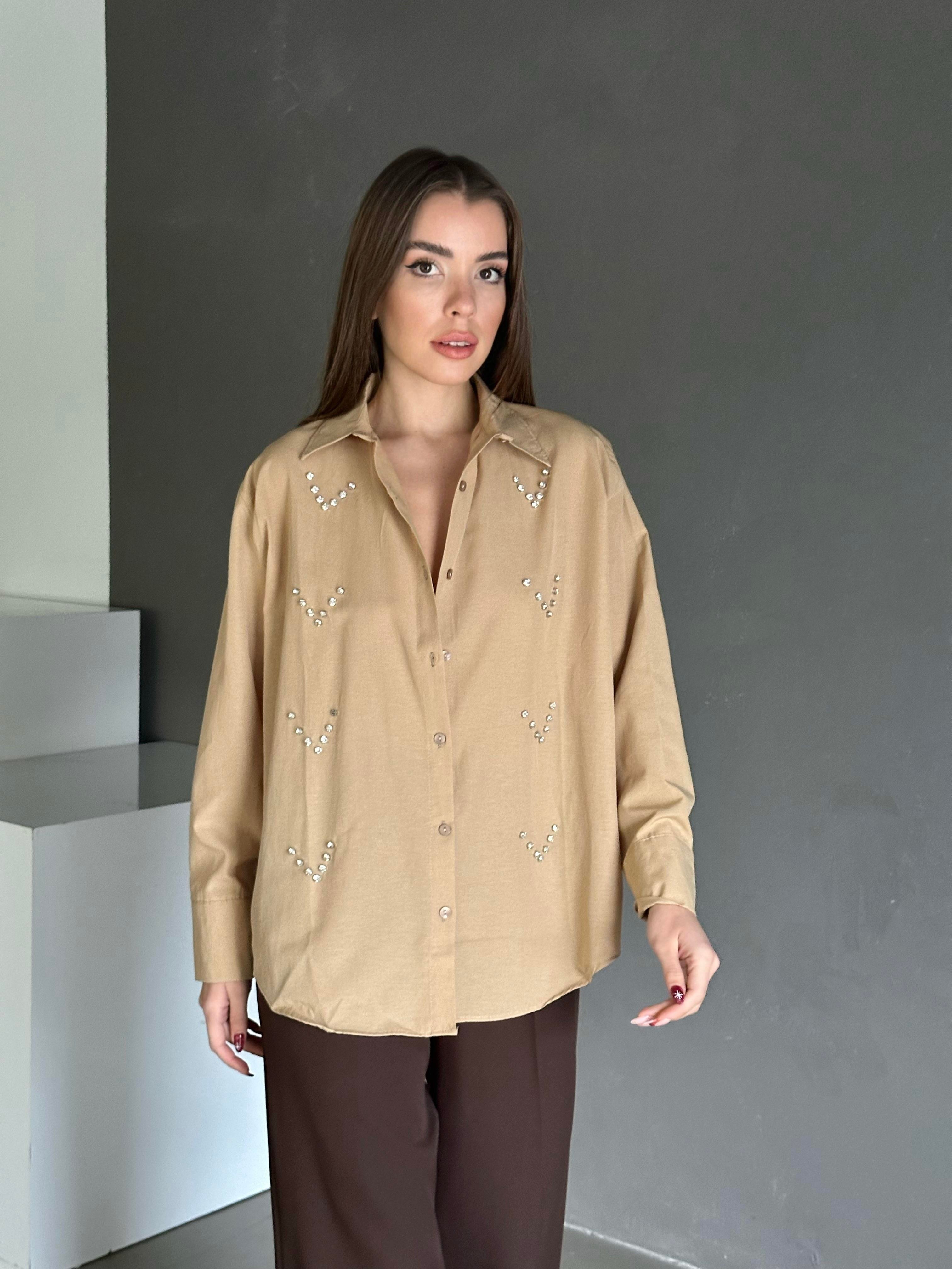 Taşlı Shimmer Gomlek Vizon