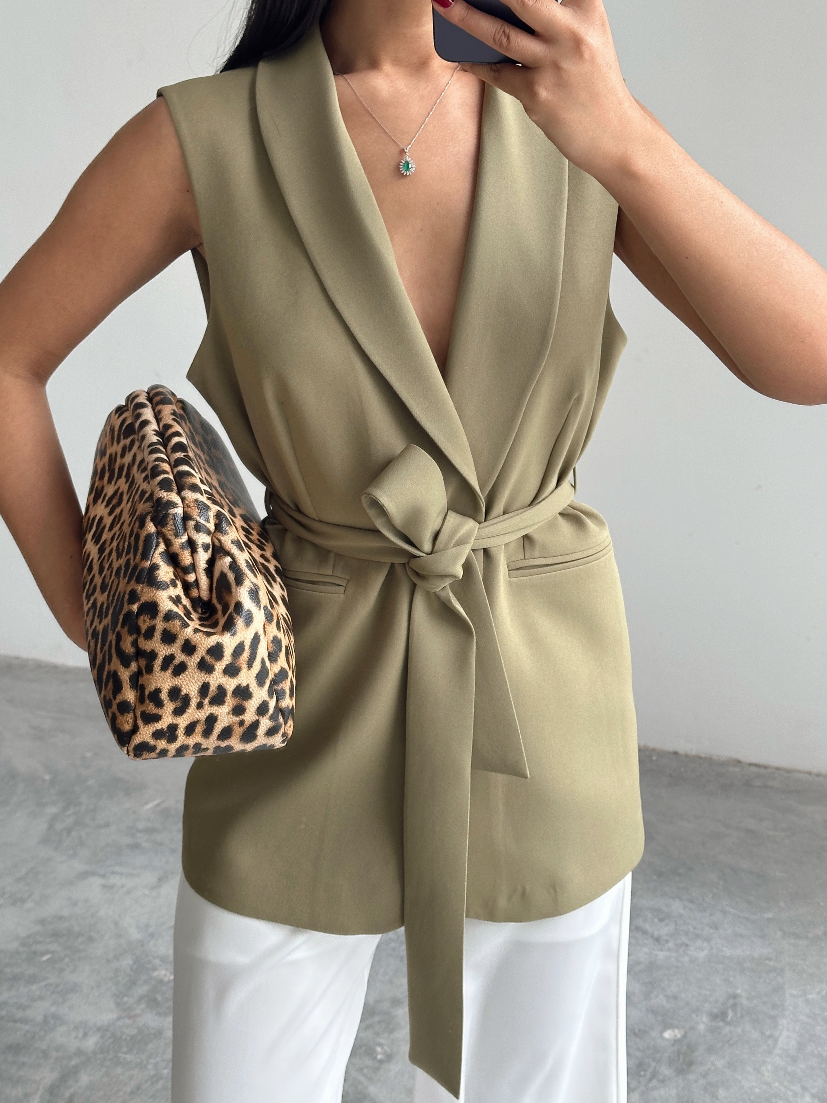Bağlamalı Blazer Yelek  - Khaki