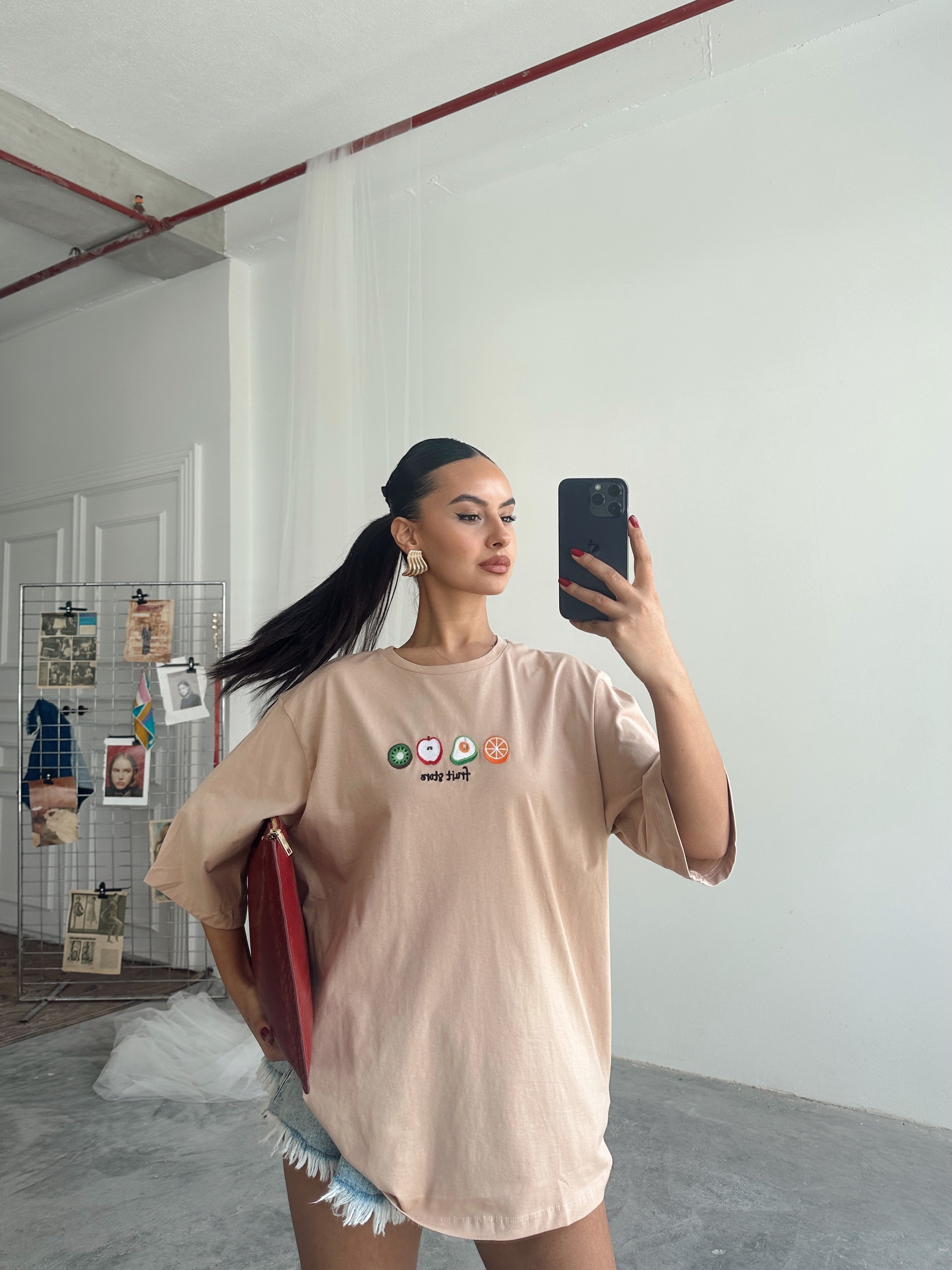 Fruit Nakış Basic T-shirt Vizon