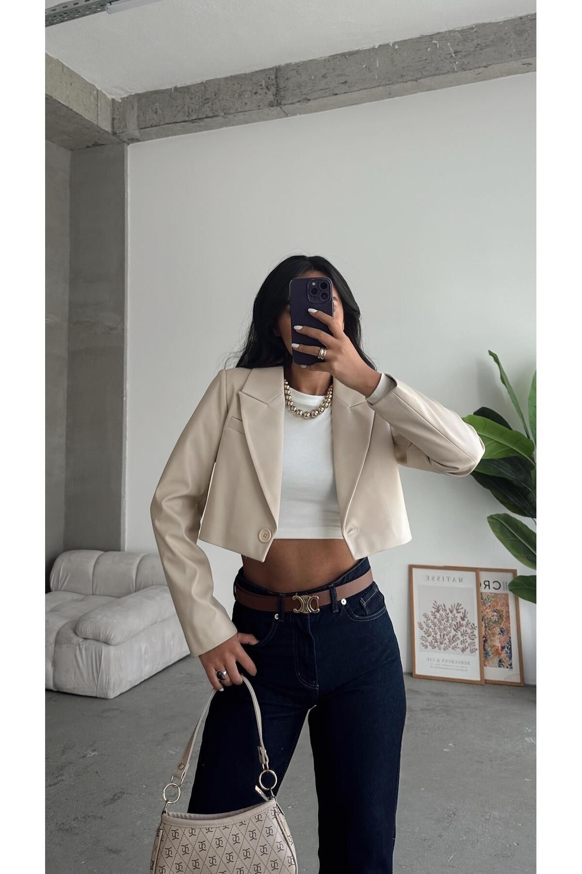 Crop Deri Blazer Ceket Bej