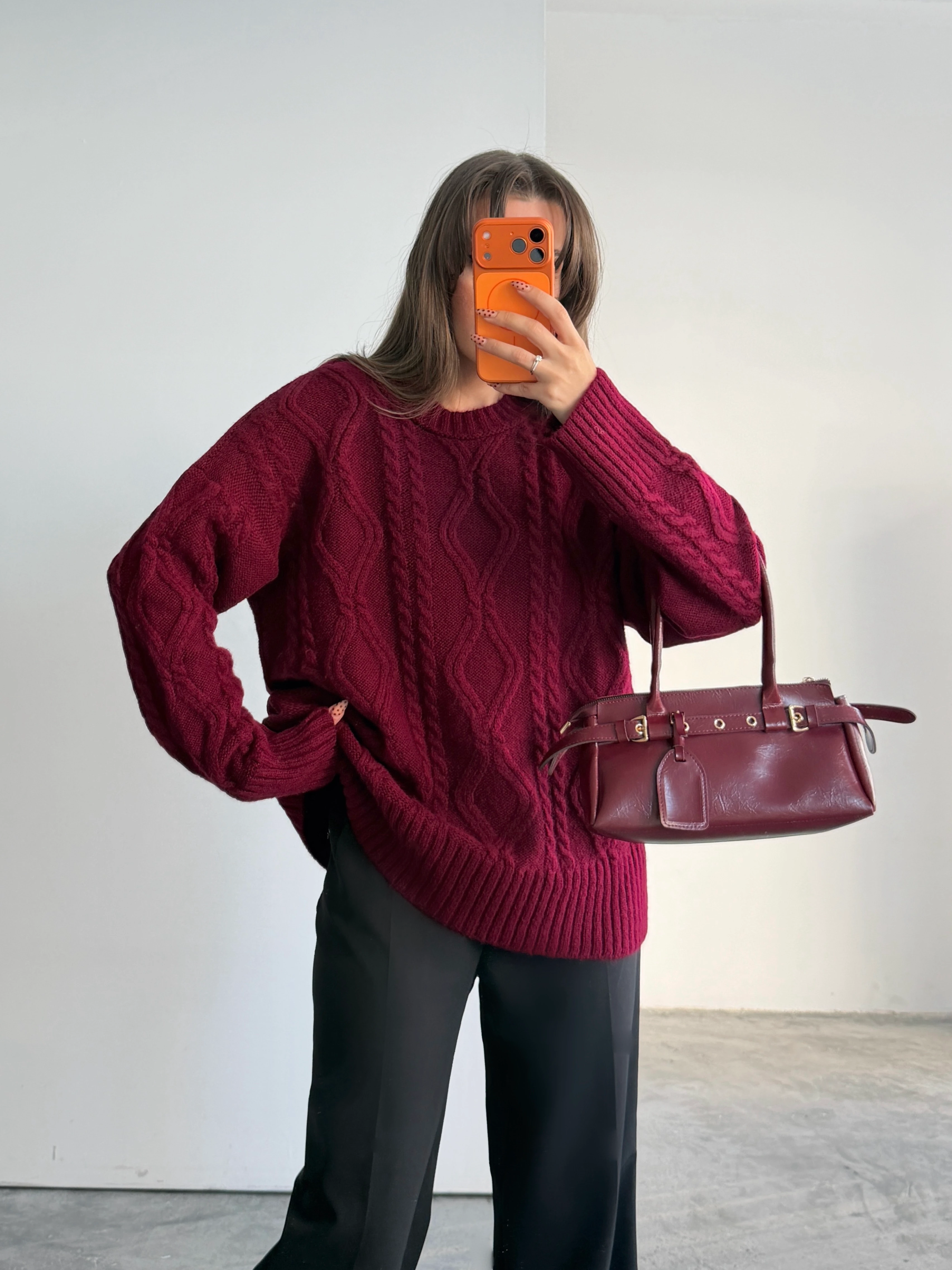 Saç Örgü Desenli Yıkamalı Triko - Bordo