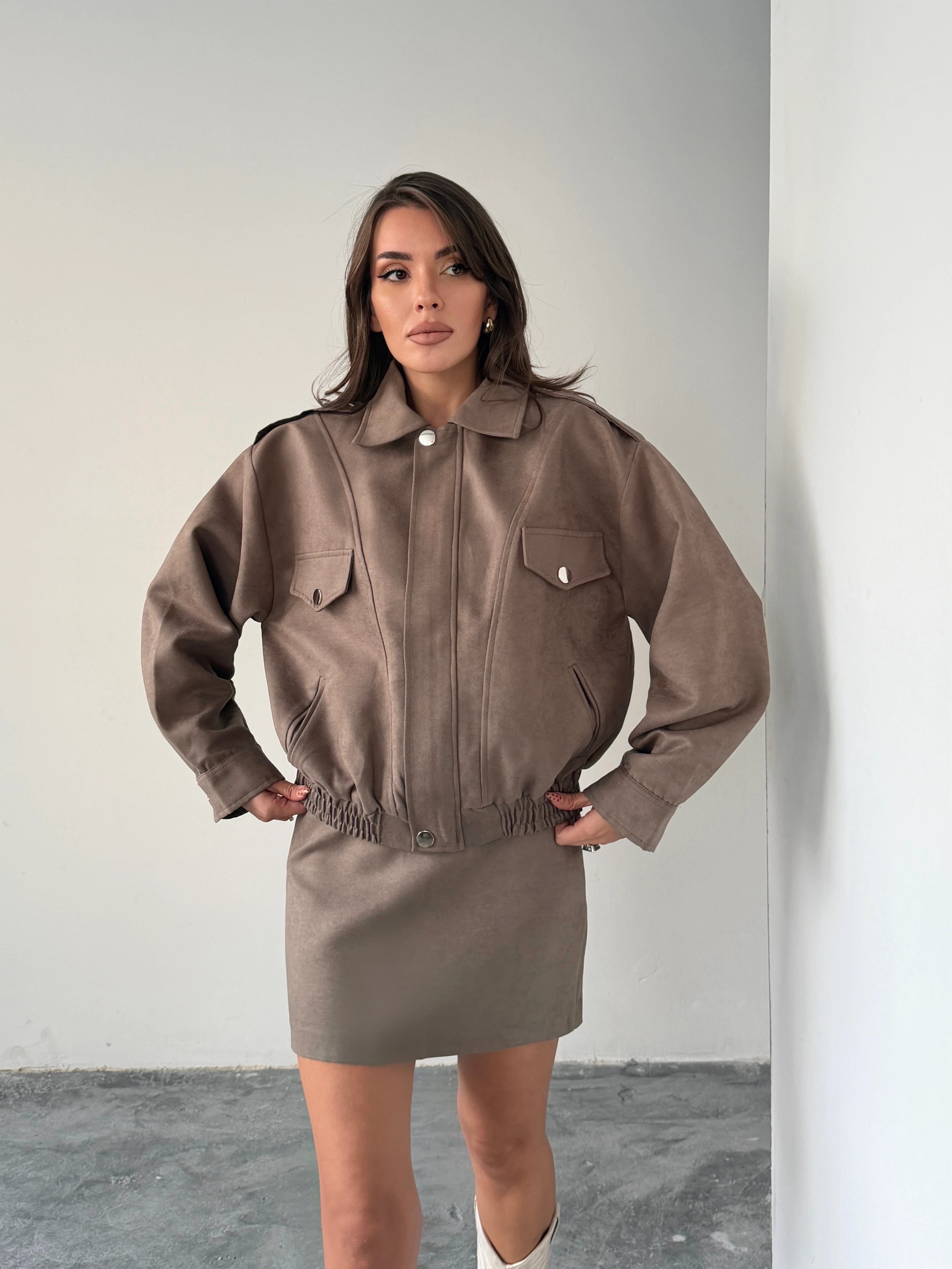 Süet Etek Ceket Takım  - Vizon