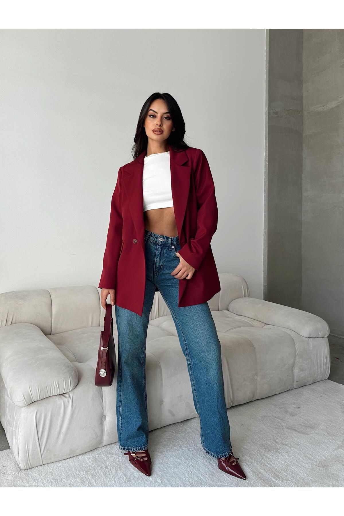 Çift Düğme Blazer Ceket Bordo