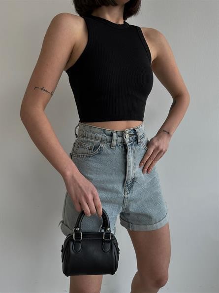 Halter Yaka Fitilli Crop Siyah
