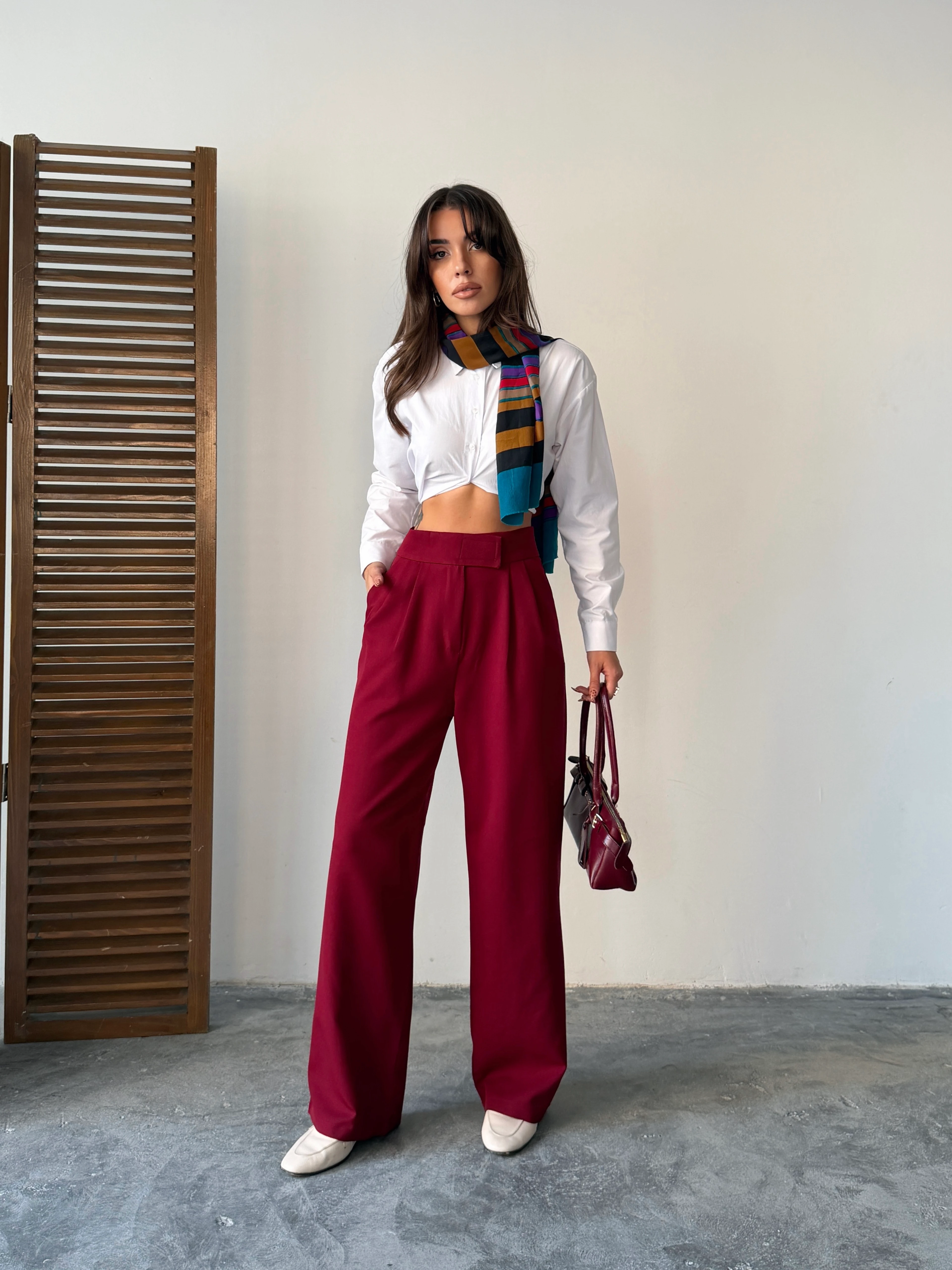 Bel Cırtlı Palazzo Pantolon  - Bordo