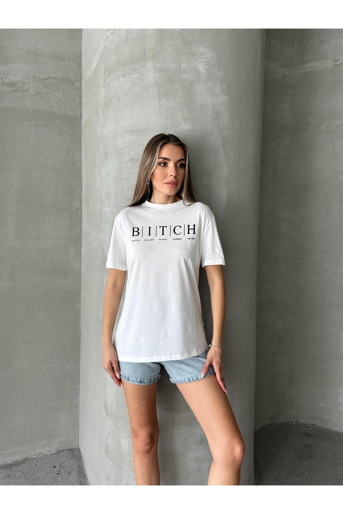 Bitch Baskı Basic T-Shirt Beyaz