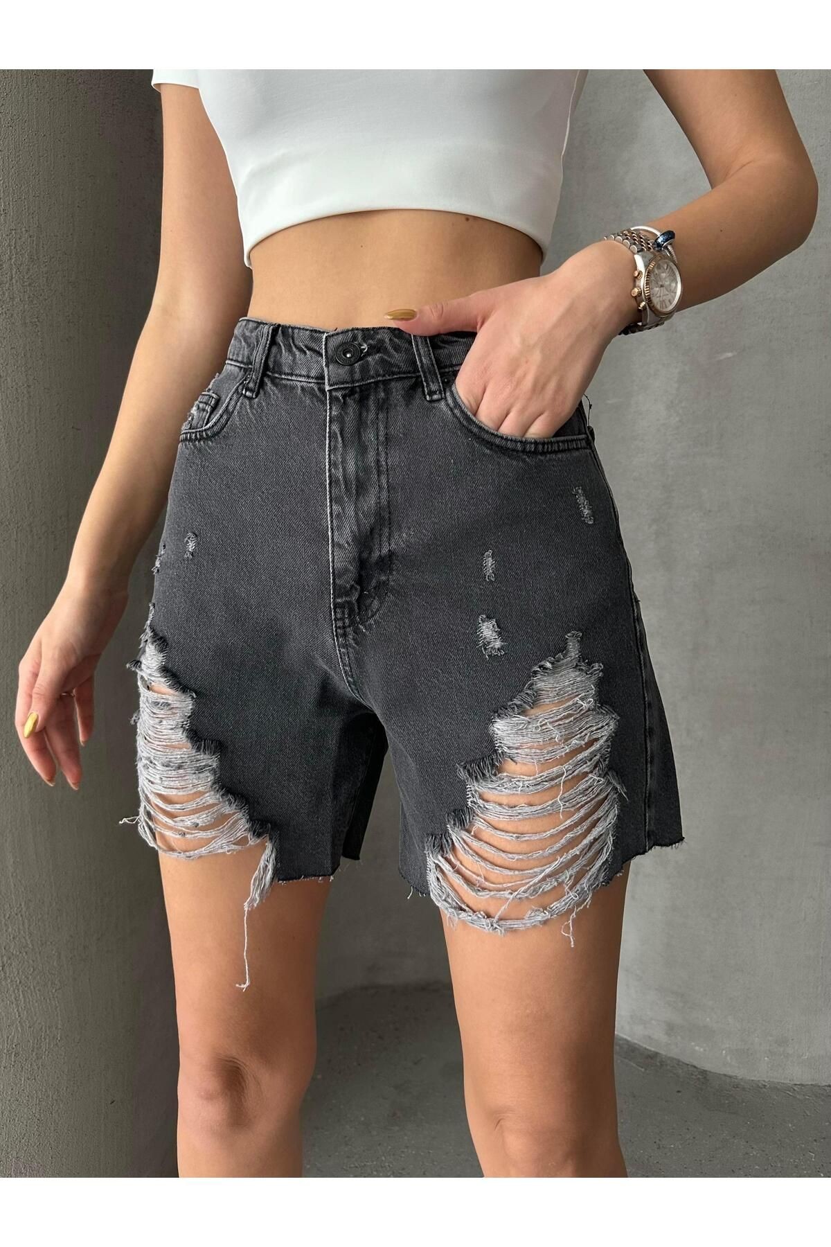 Distressed Denim Şort Füme