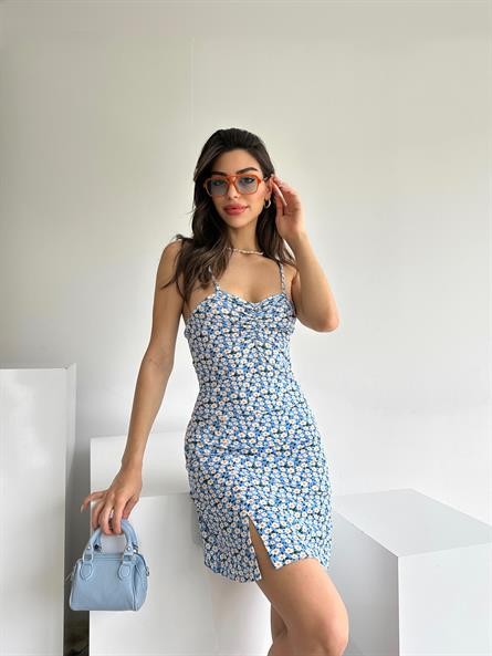İp Askı Büzgülü Desenli Mini Elbise Çiçekli