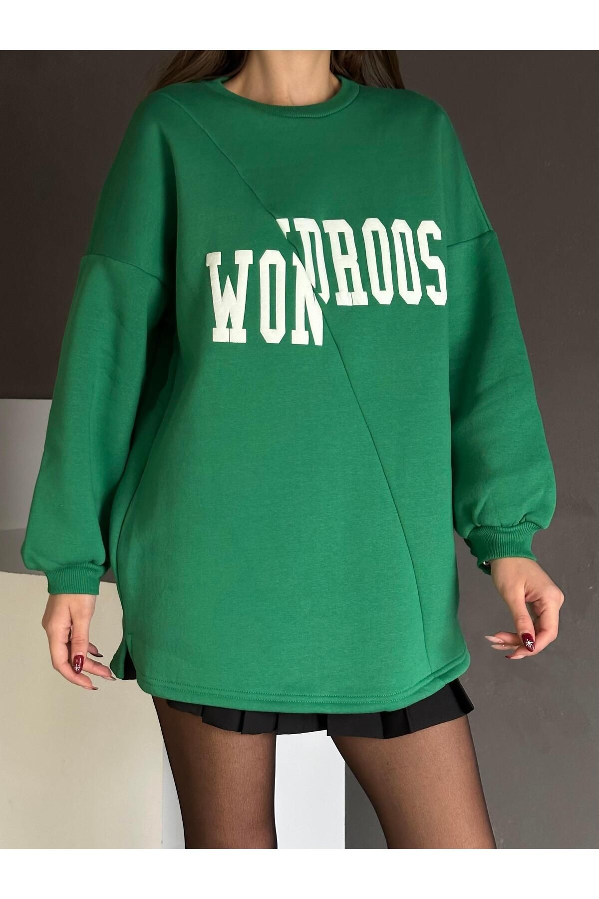 Wondroos Yan Yırtmaç Oversize Sweatshirt Yeşil