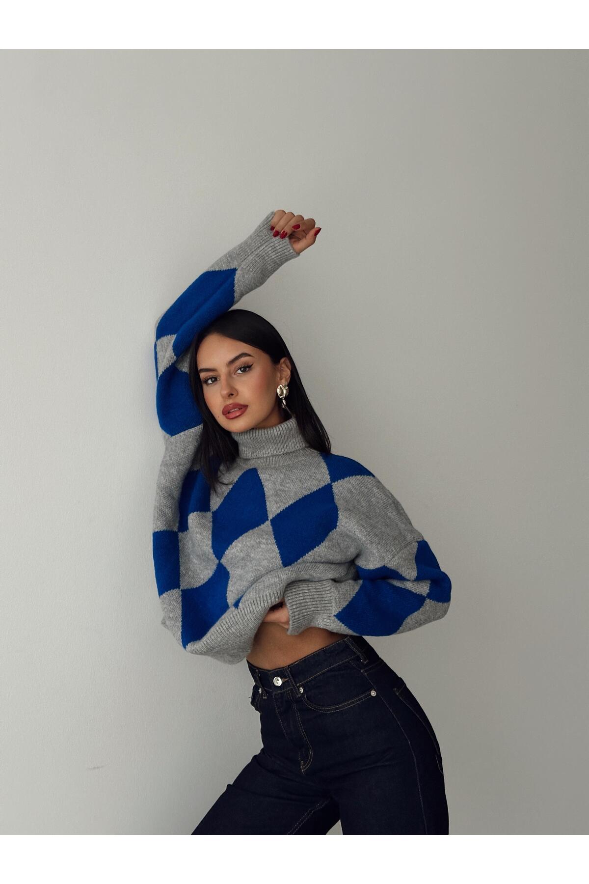 Boğazlı Baklava Desen Kazak Mavi