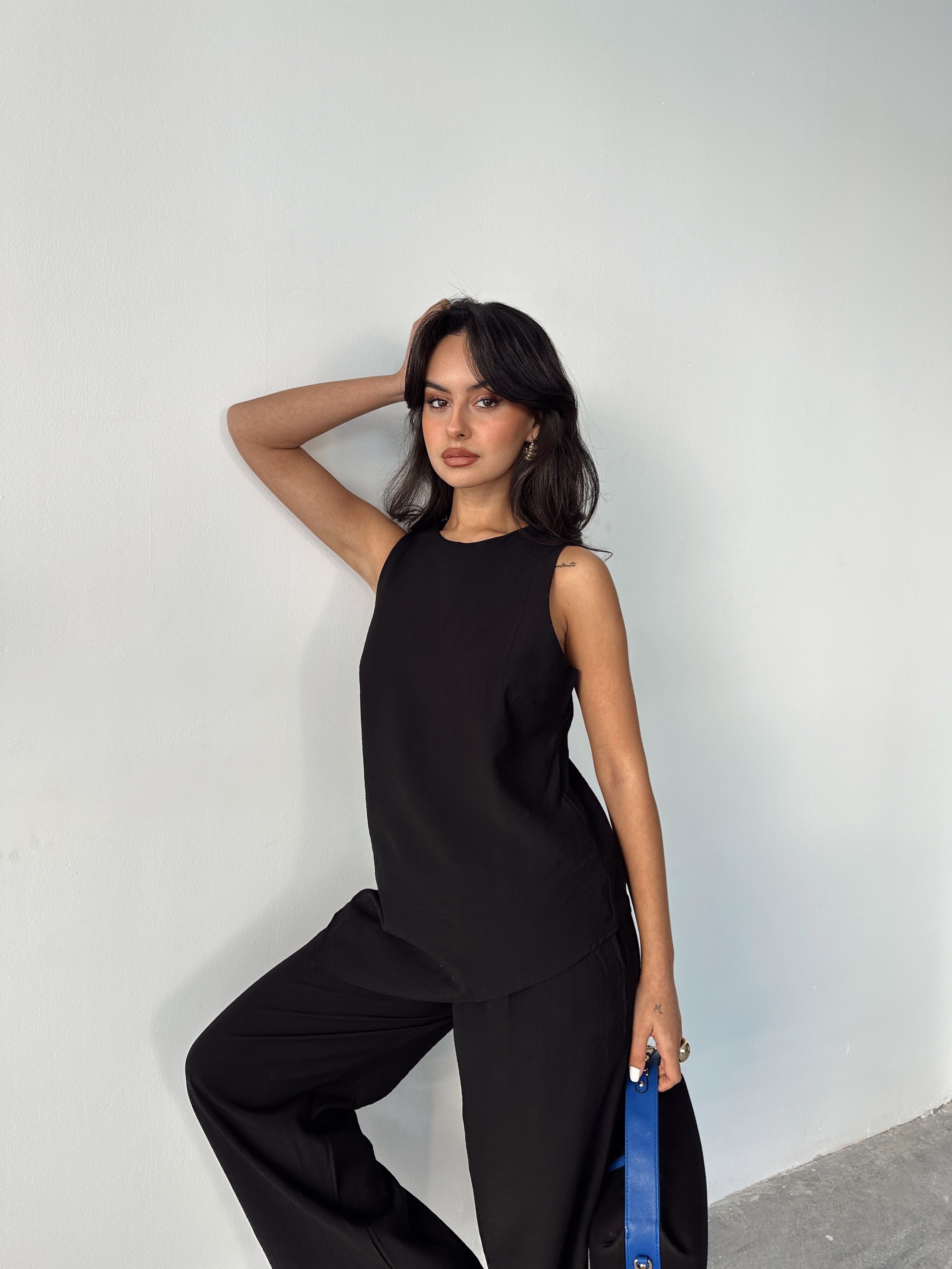 Çilek Kumaş Pantolon Takım  - Siyah