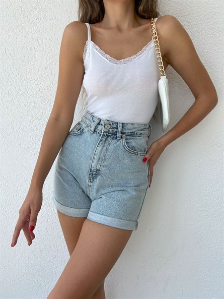 Dantel Detay Askılı Crop Bluz Beyaz