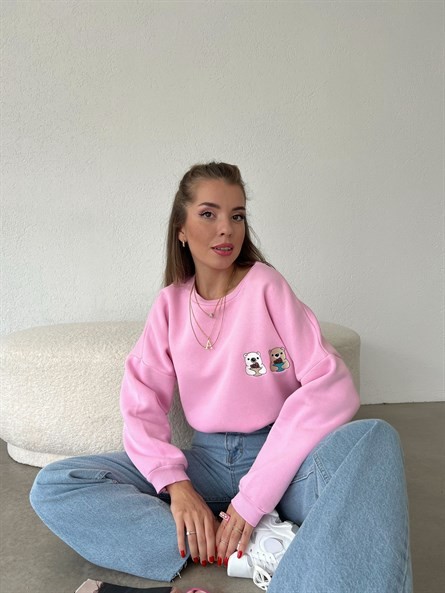 Twin Bear İşleme Oversize Sweatshirt Pembe