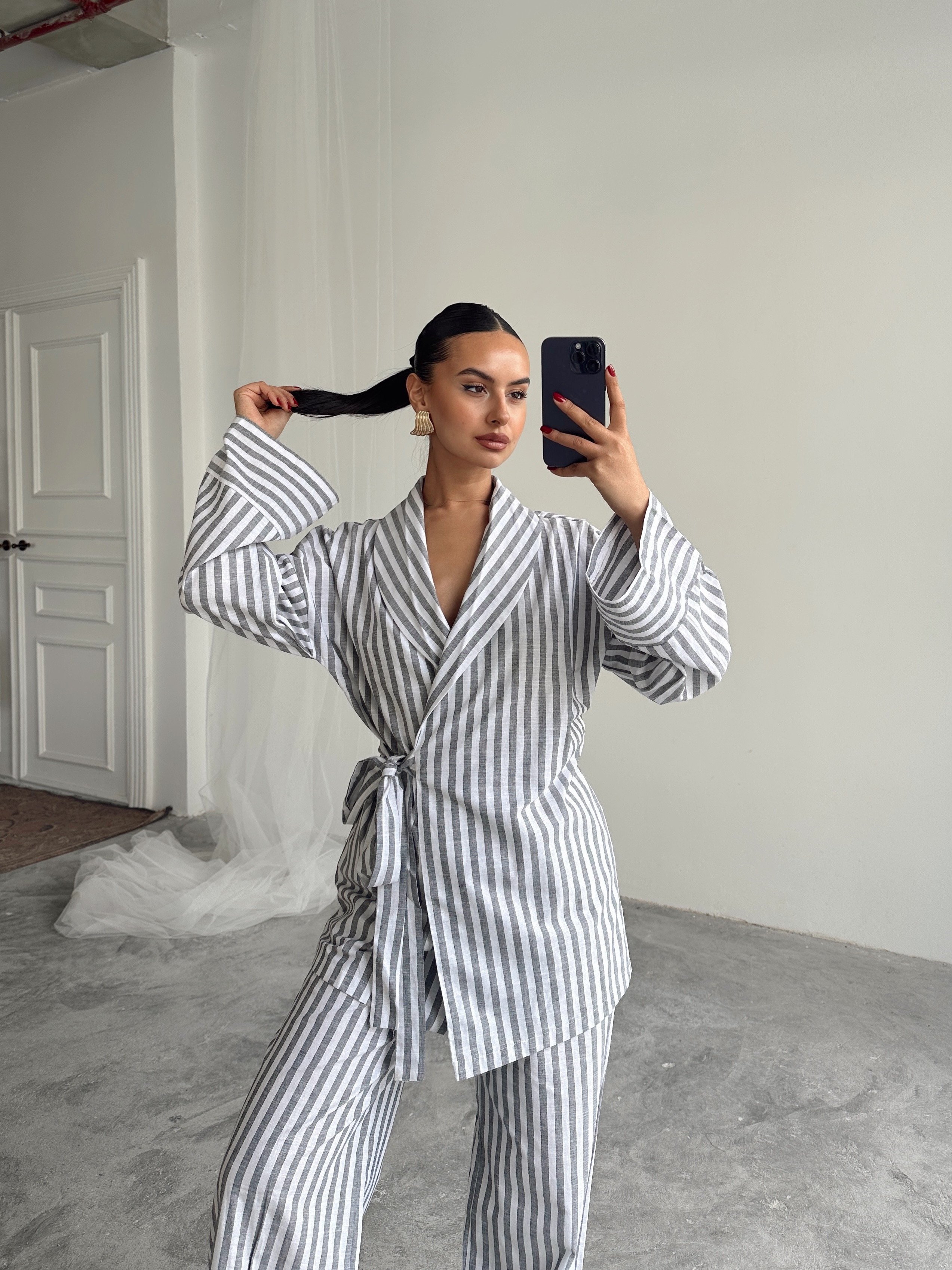 Çizgili Kimono Takım 
