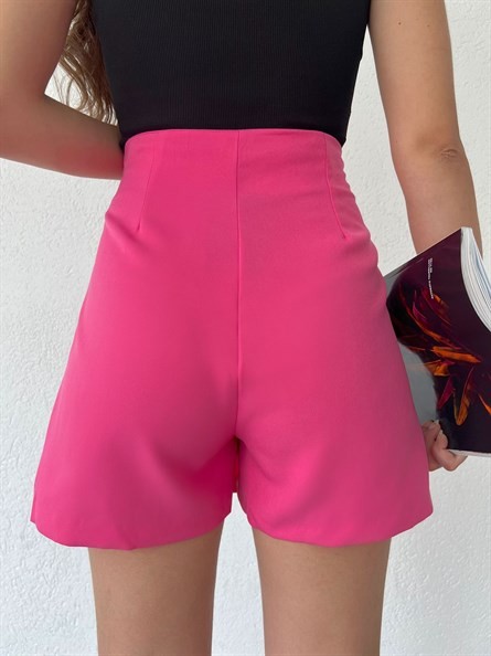 Düğme Detay Asimetrik Şort Etek Pembe
