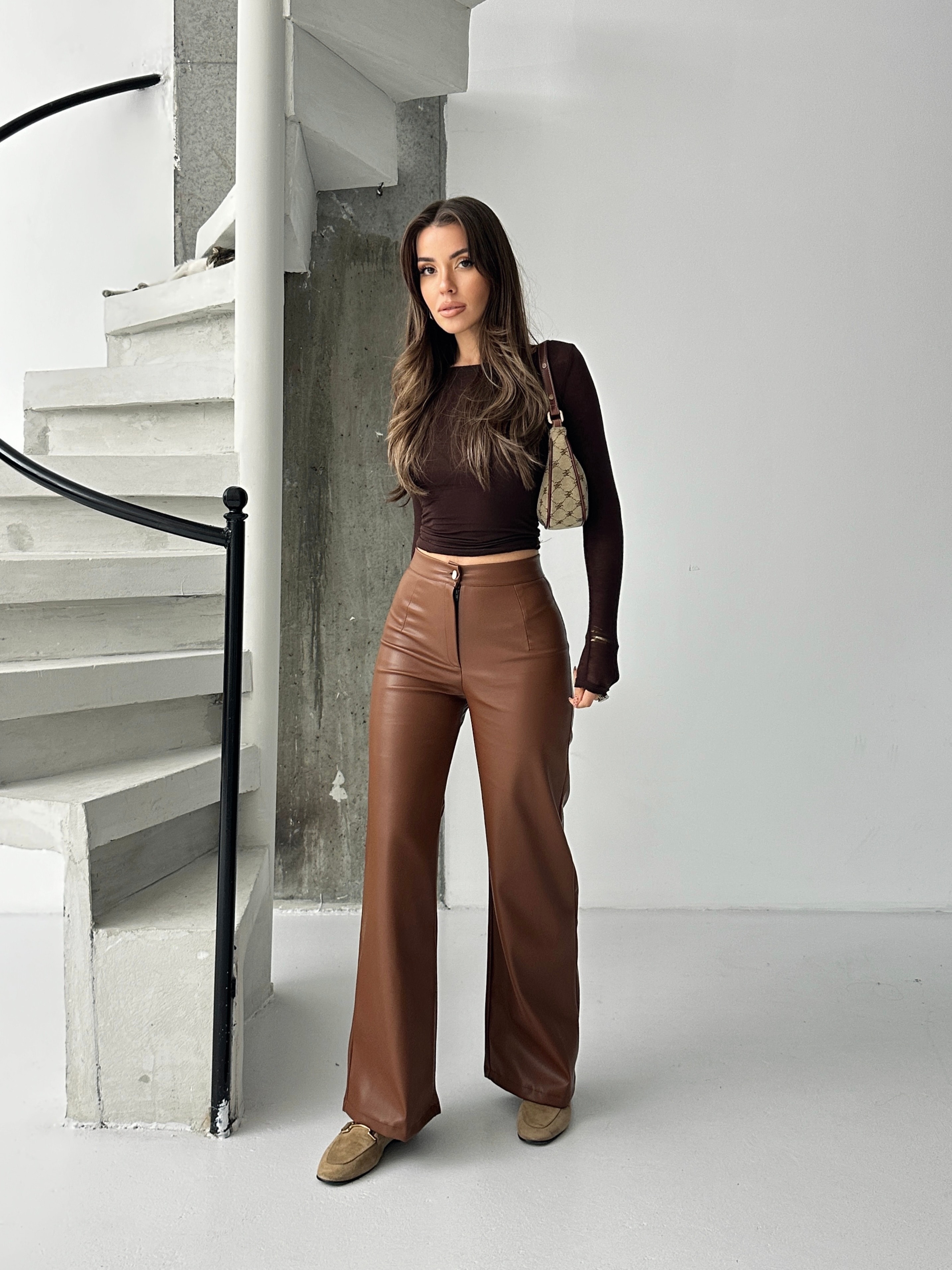 Düz Kesim Şardonlu Deri Palazzo  - Taba