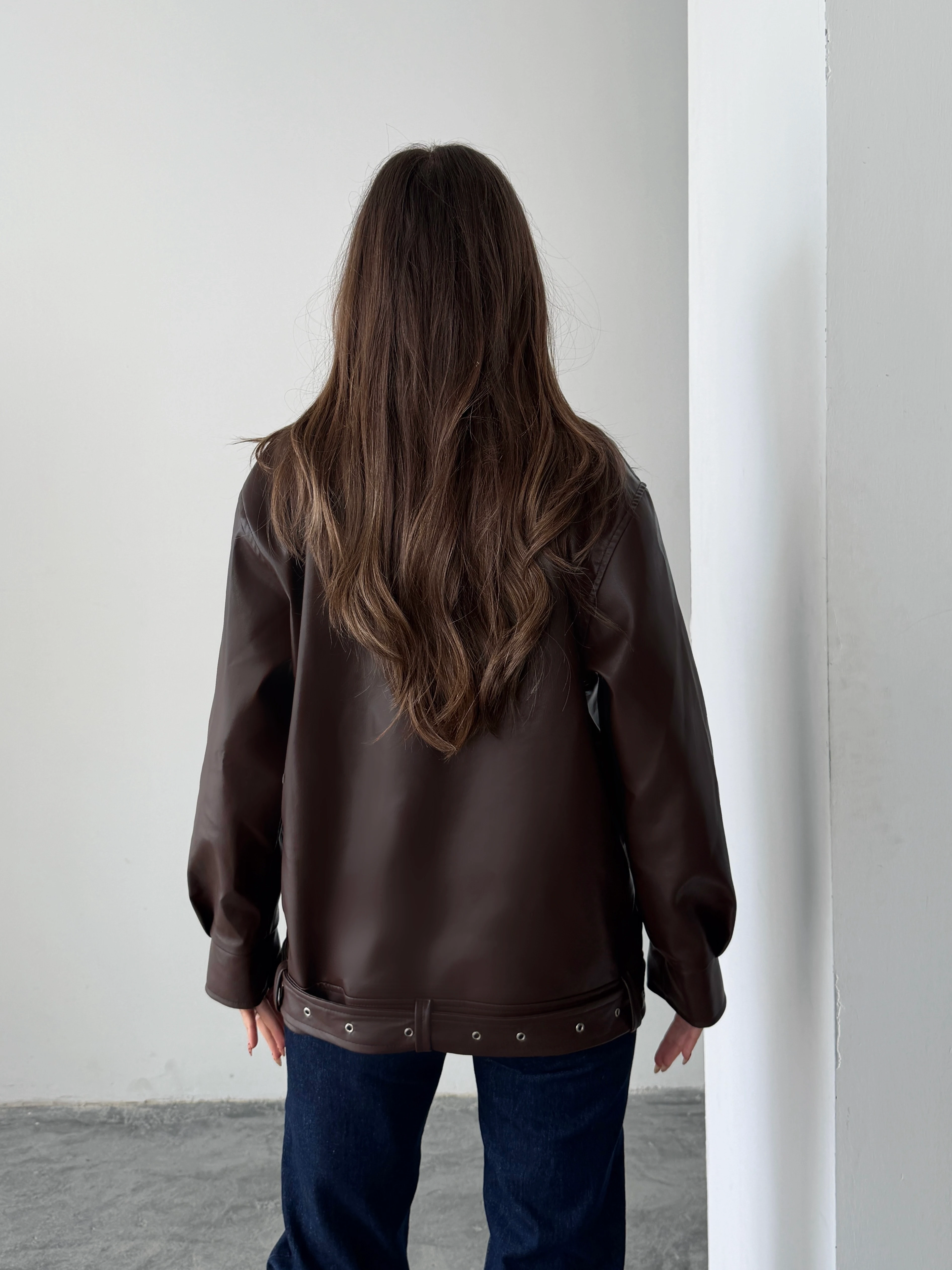 Kemerli Oversize Deri Ceket  - Kahve