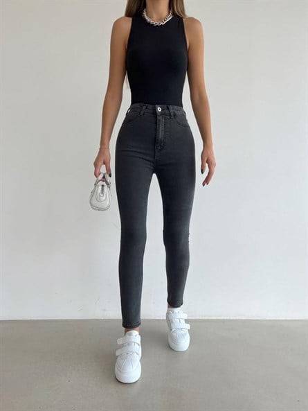 Yüksek Bel Likralı Skinny Jean Füme