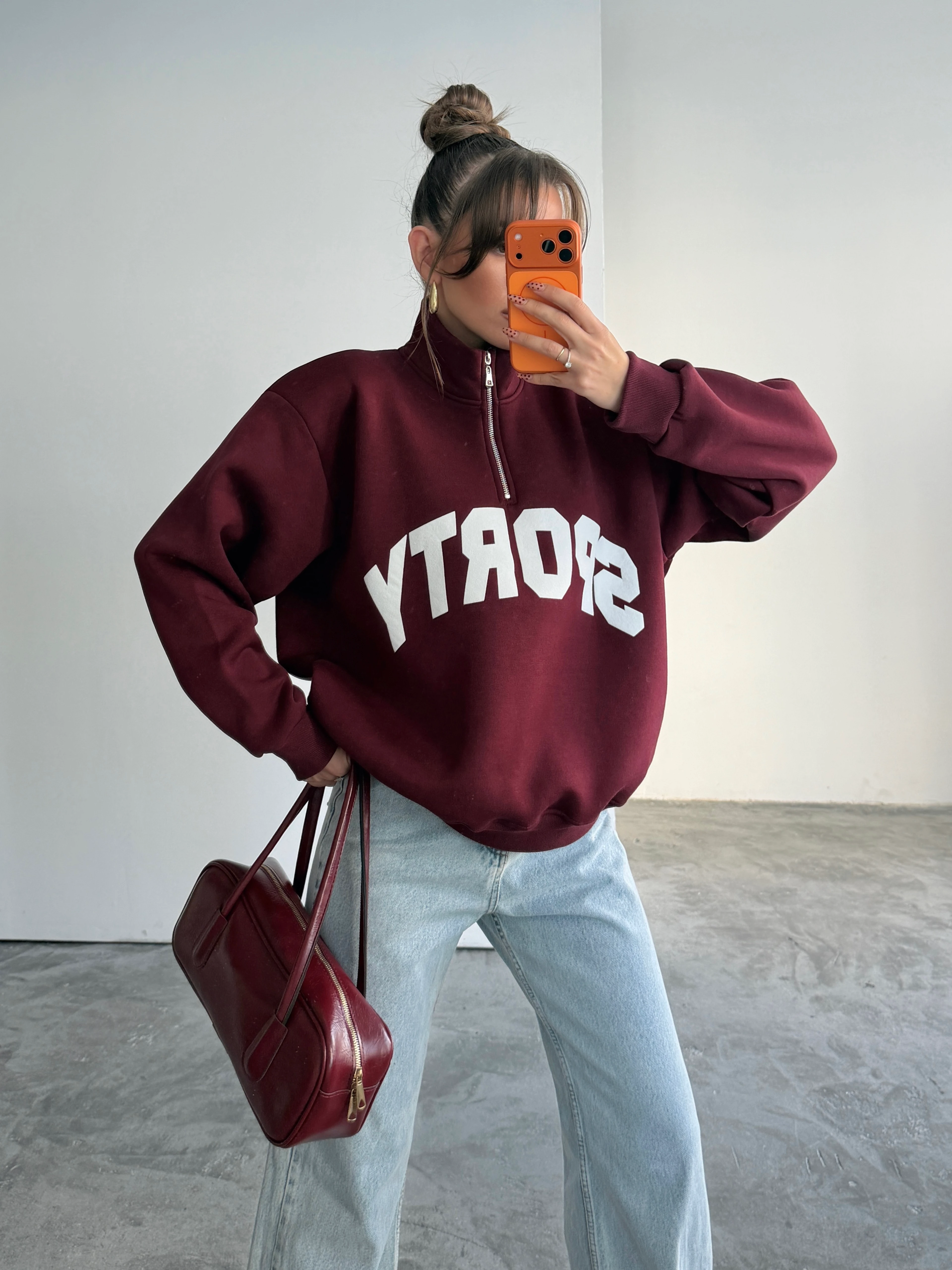 Sporty Yarım Fermuar Sweat - Bordo