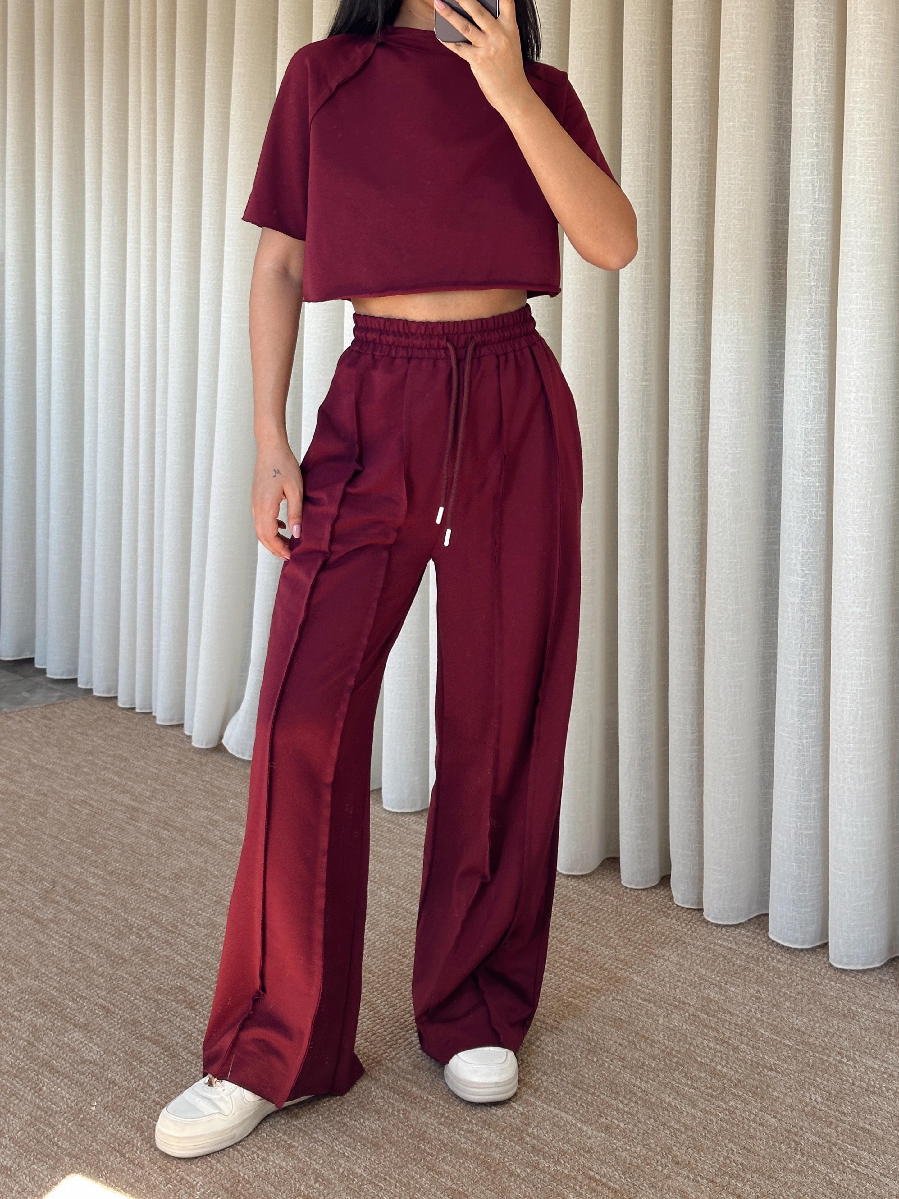 Ters Dikiş Detay Crop Takım - Bordo
