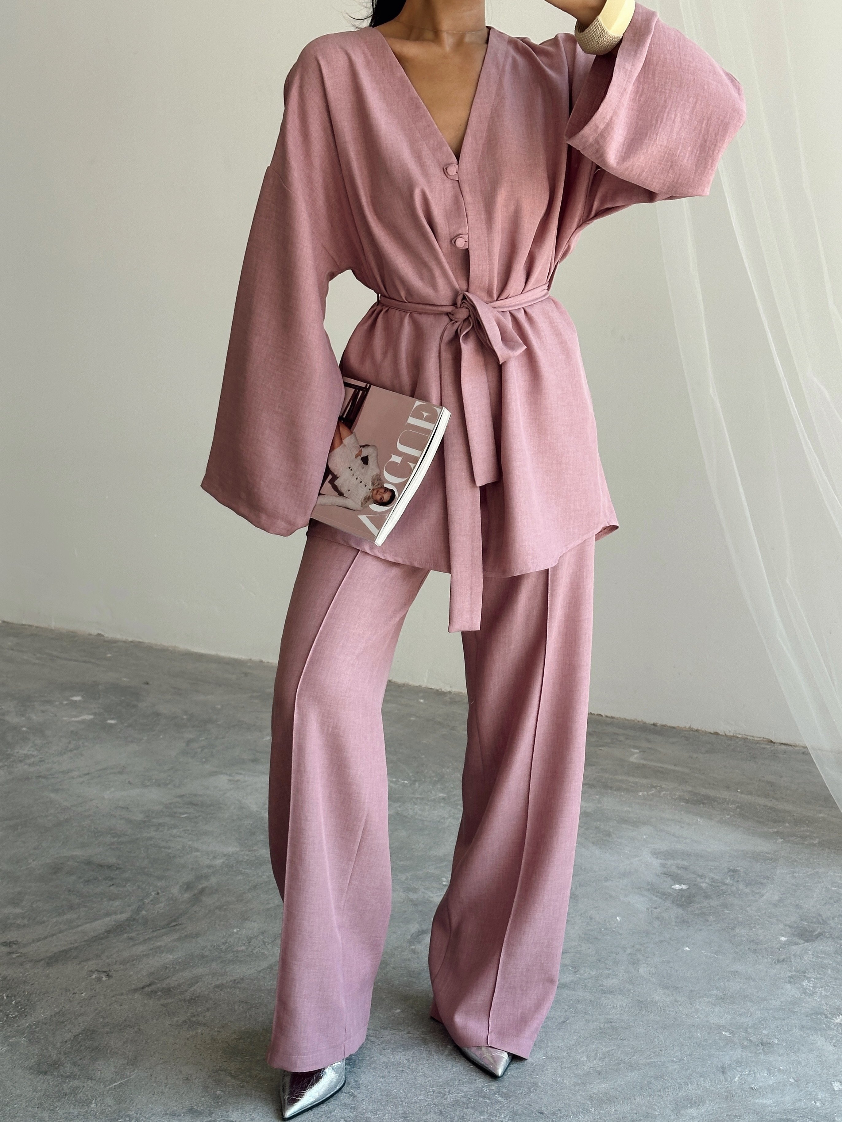 Düğme Detay Kuşaklı Kimono Takım - Pudra Pembe
