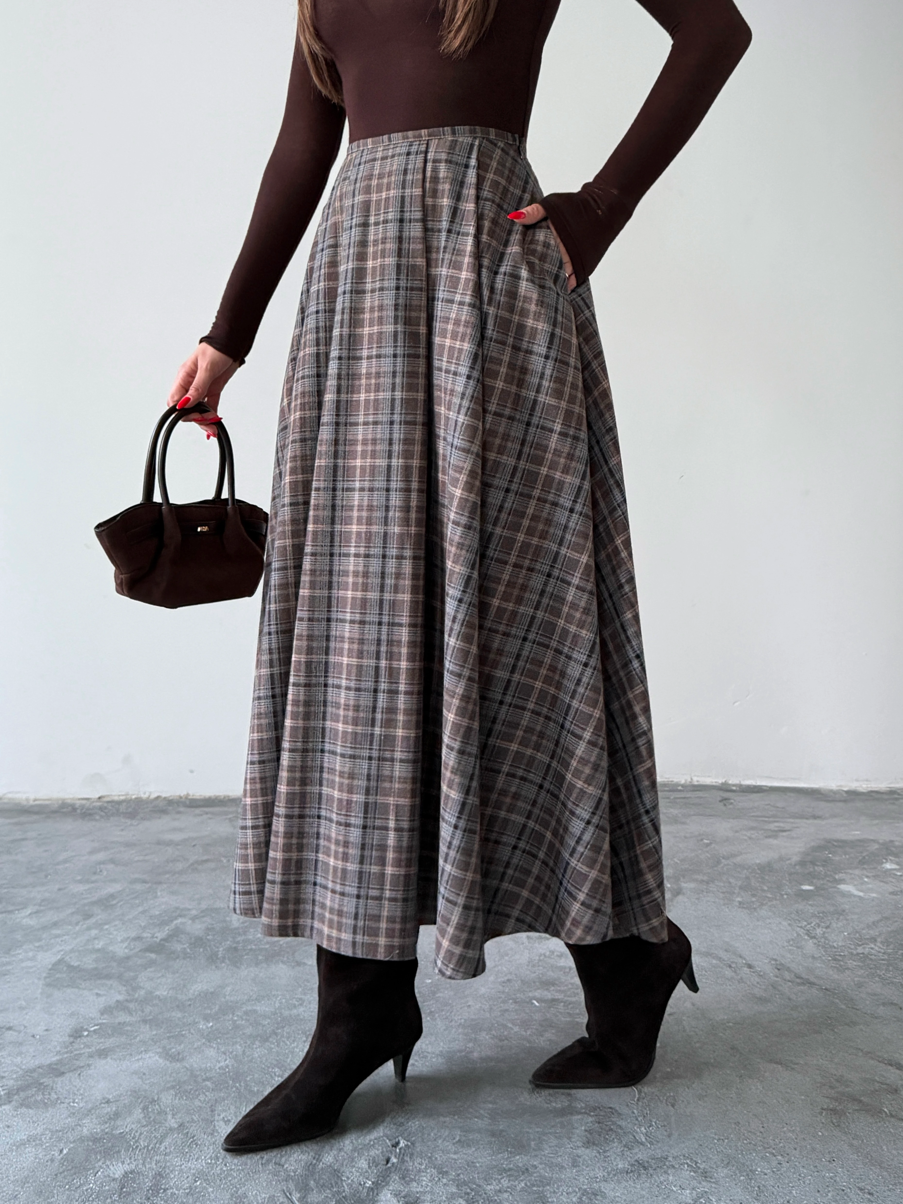 Pile Detaylı Ekose Kloş Etek - Kahve