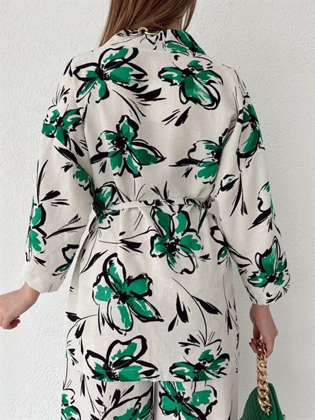 Flora Keten Bağlamalı Kimono Yeşil