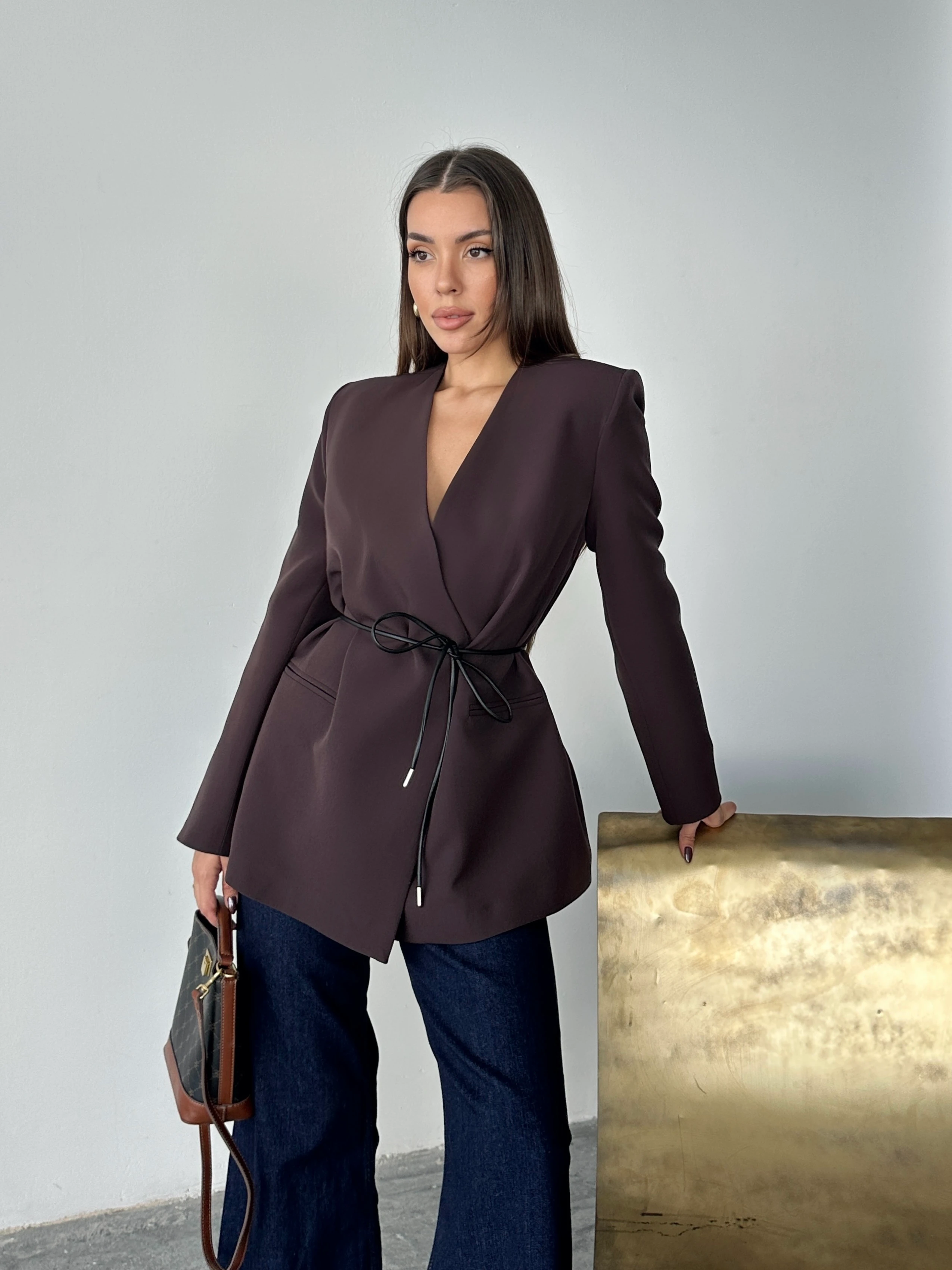 Deri Kemerli Blazer Ceket - Mürdüm