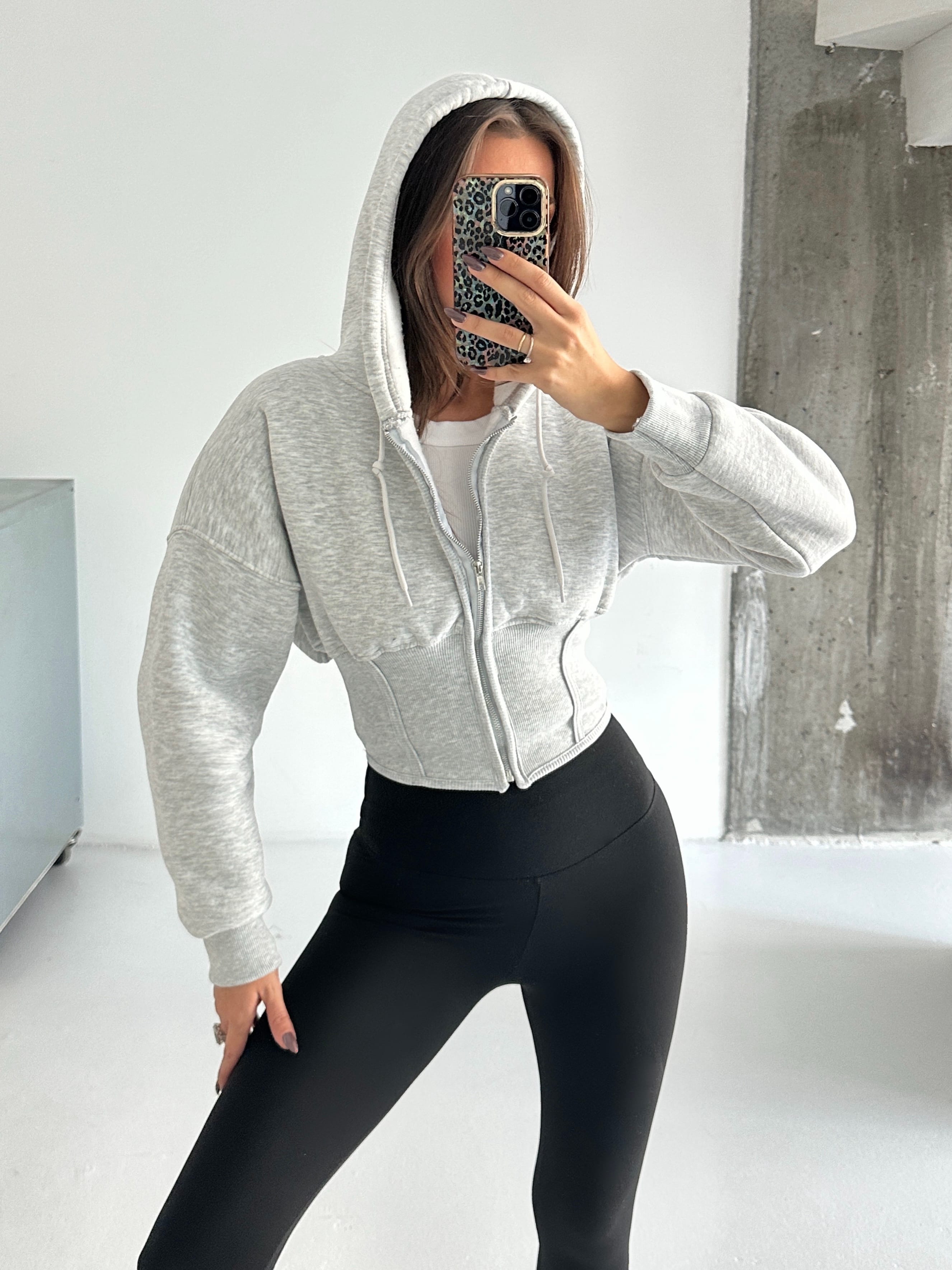 Korse Manşet Fermuarlı Sweat Hırka - Gri