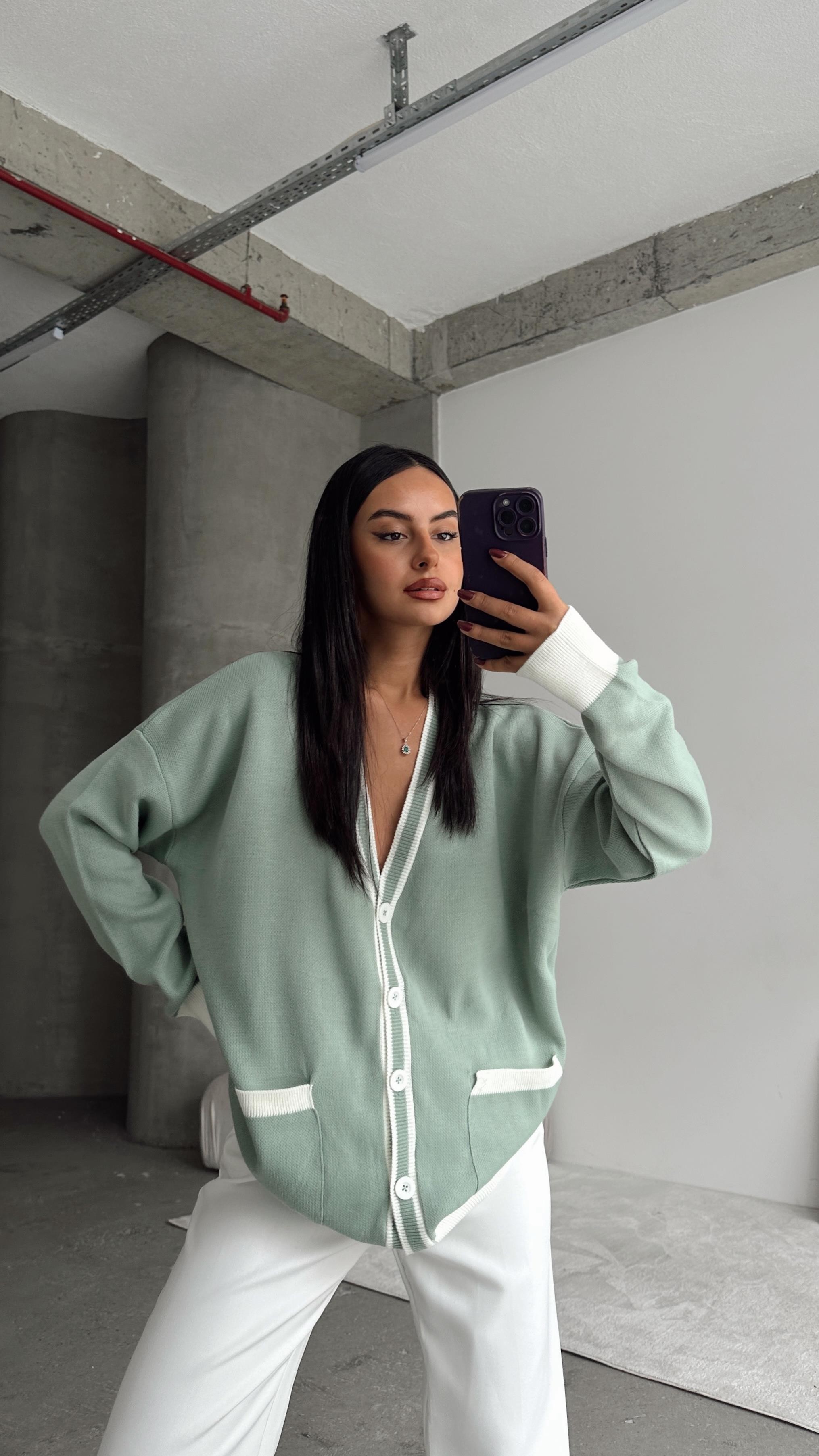 Cepli Oversize Triko Hırka Mint