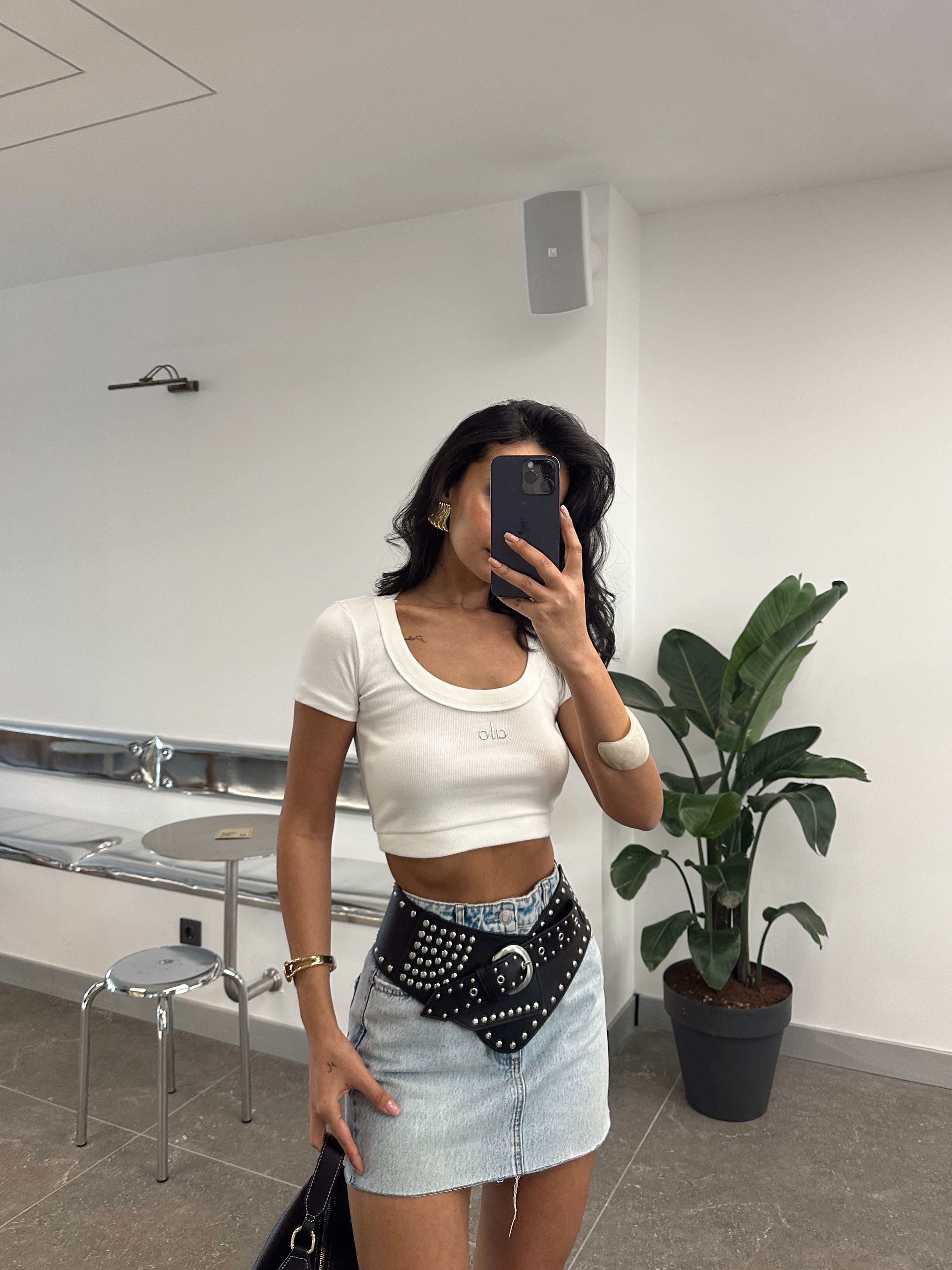 Geniş Yaka Baskılı Crop - Ekru