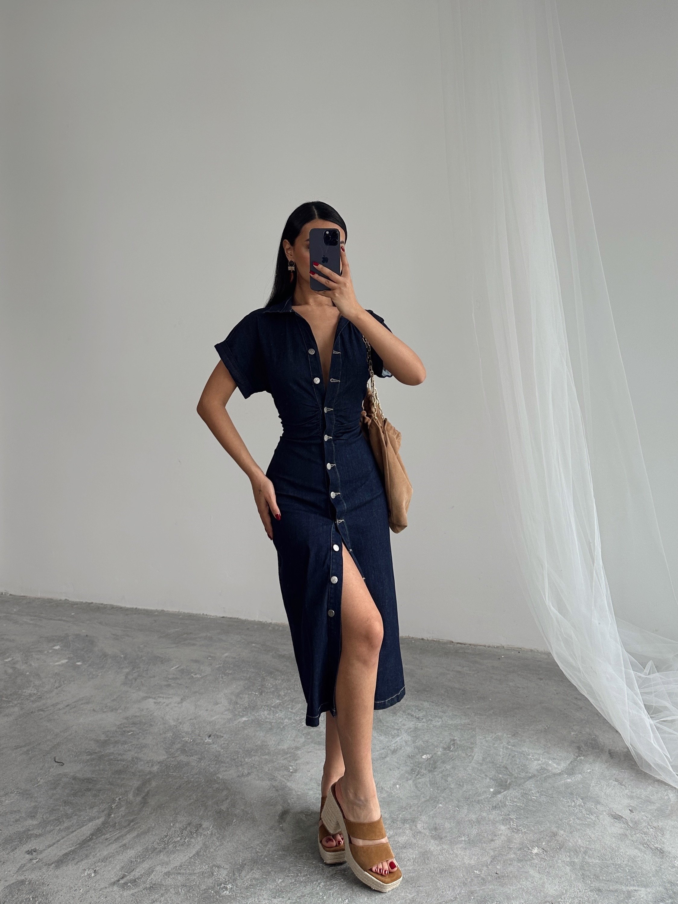 Düğme Detaylı Denim Elbise  - Lacivert
