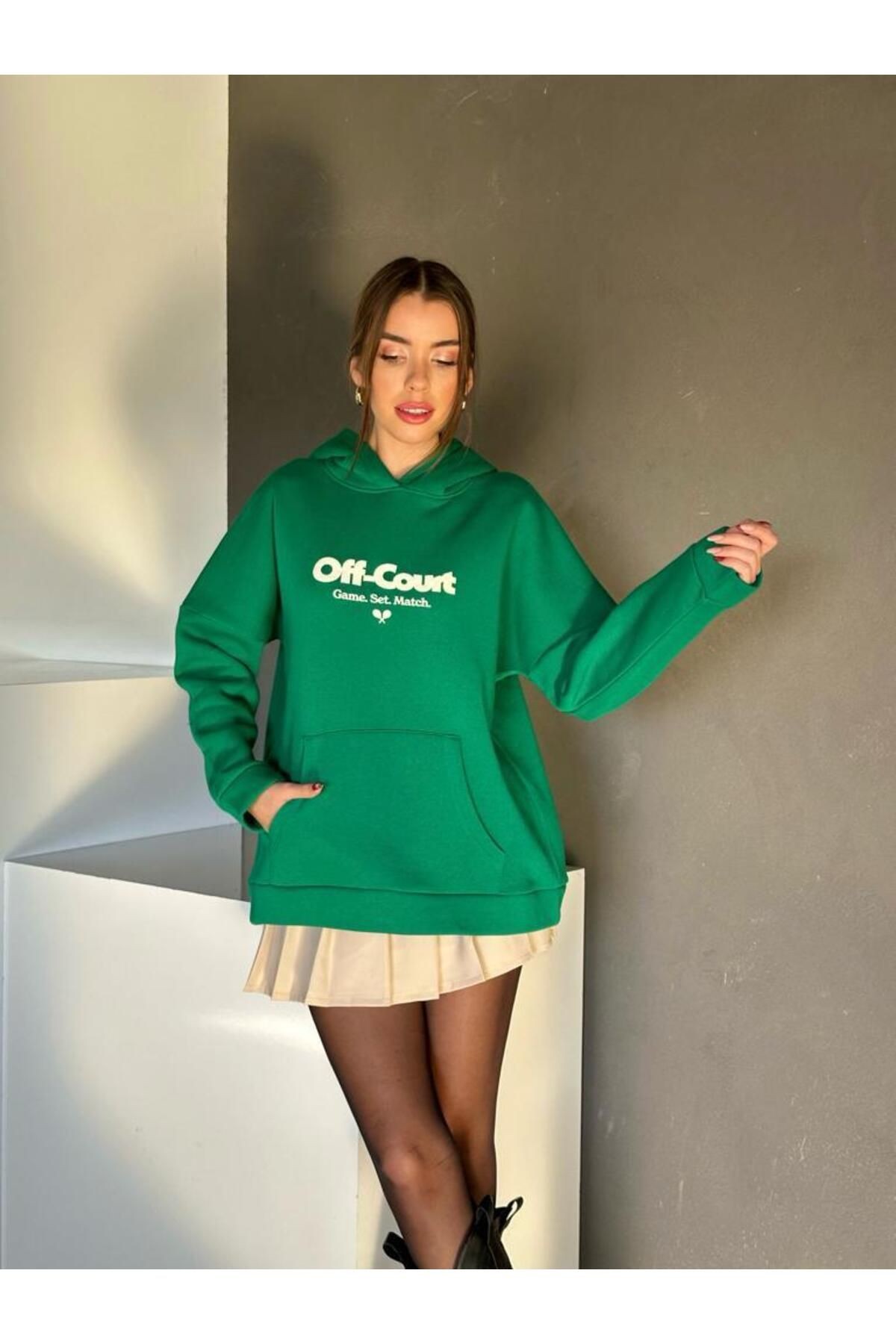 Off Court Baskı Kapüşonlu Sweat Yeşil