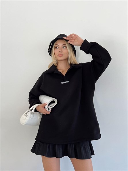 Polo Yaka Etiket Detay Sweatshirt Siyah