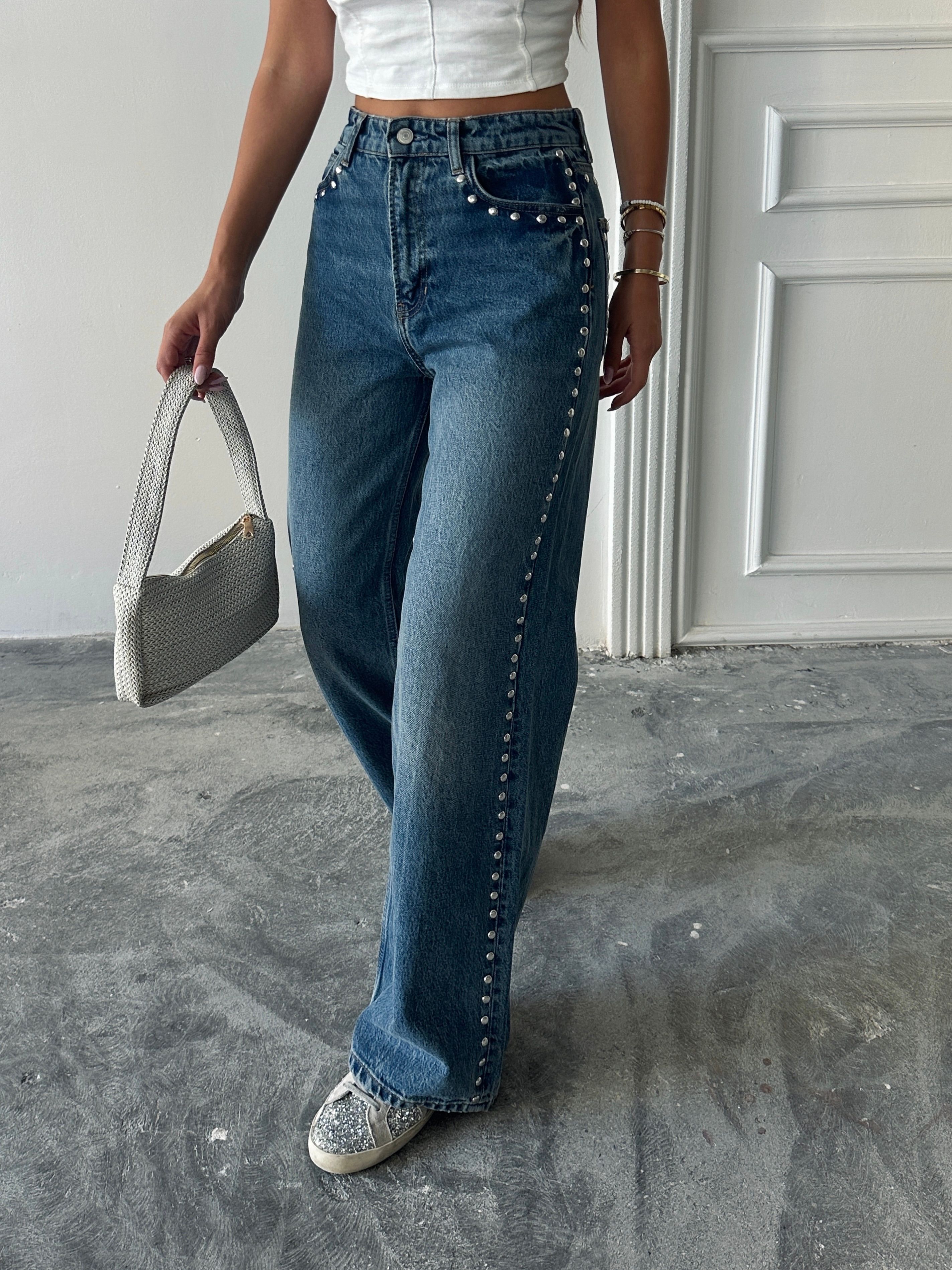 Zımba Detaylı Denim Palazzo  - Mavi